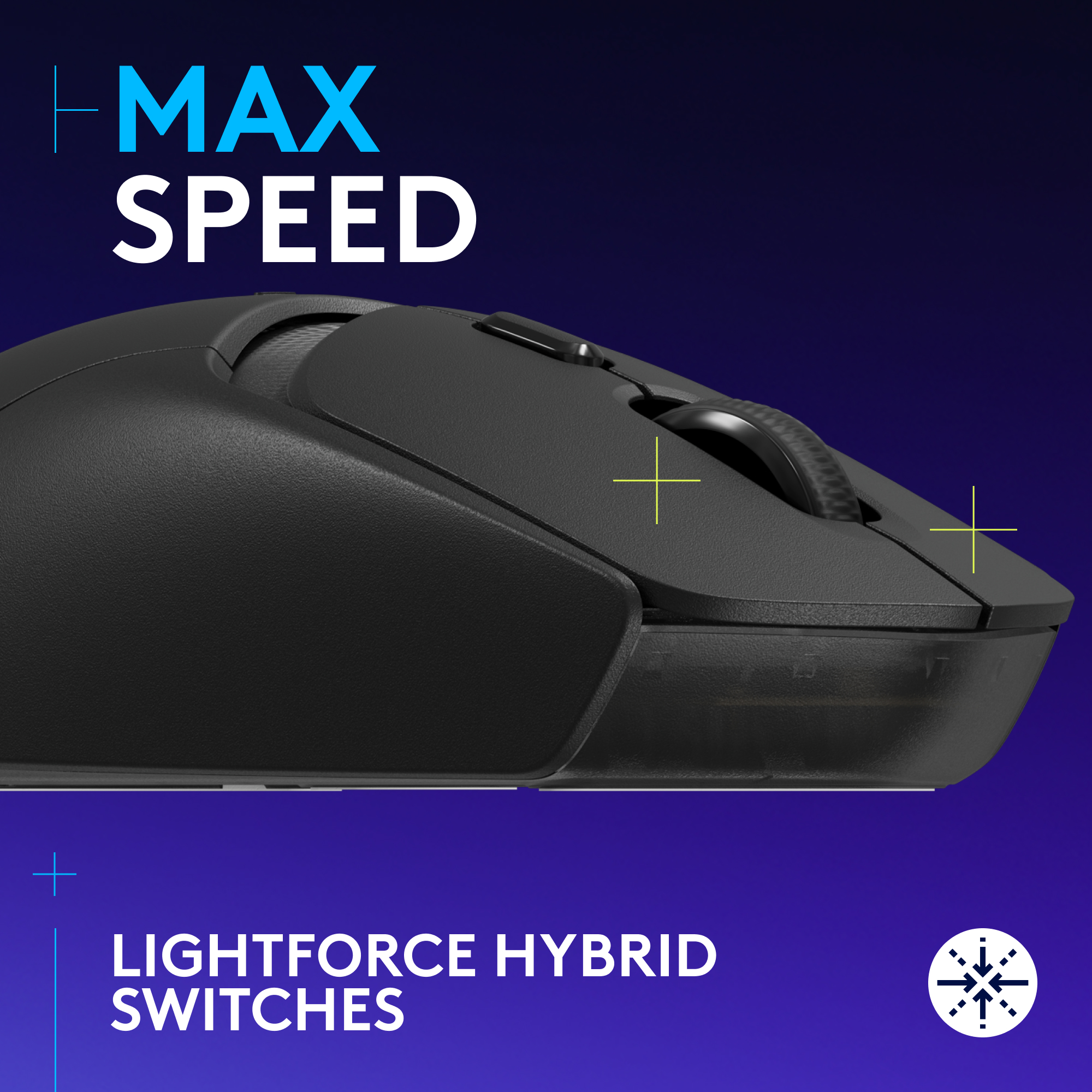 Une souris de jeu noire avec le texte MAX SPEED et LIGHTFORCE HYBRID SWITCHES.