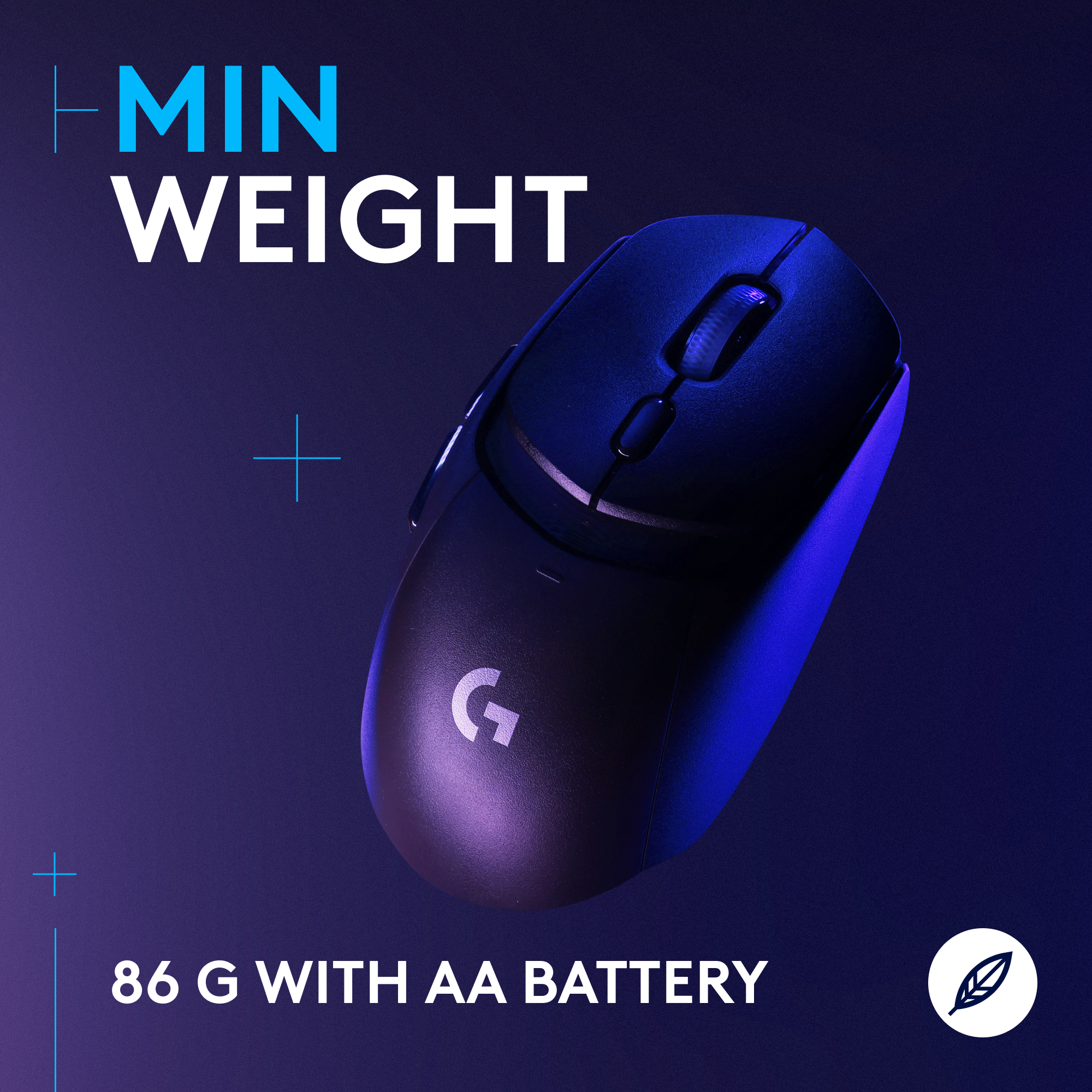 Souris gaming noire et bleue. Le texte indique : Min Poids, et 86 g avec pile AA.