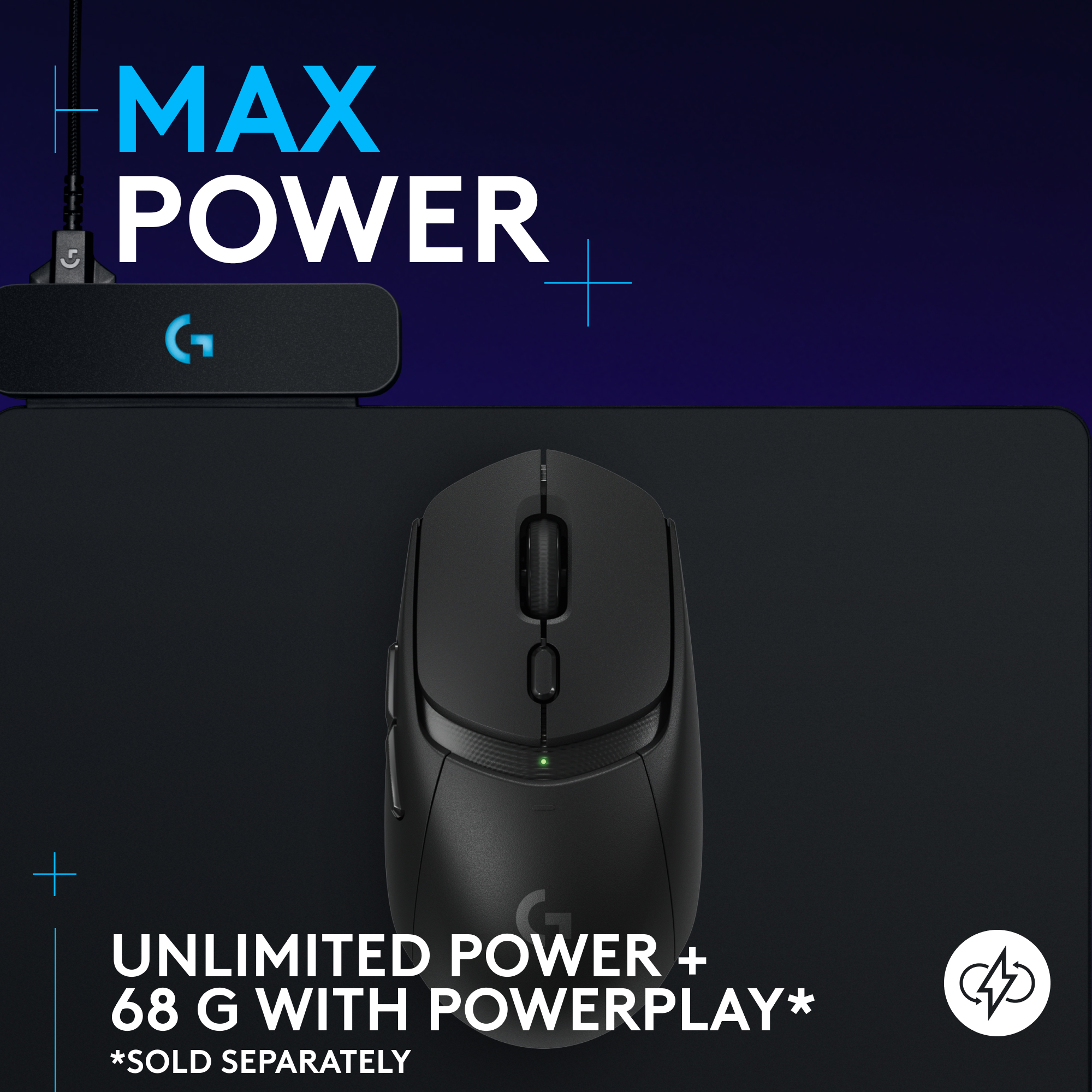 Souris sans fil noire avec socle de chargement. Texte MAX POWER et UNLIMITED POWER + 68 G.