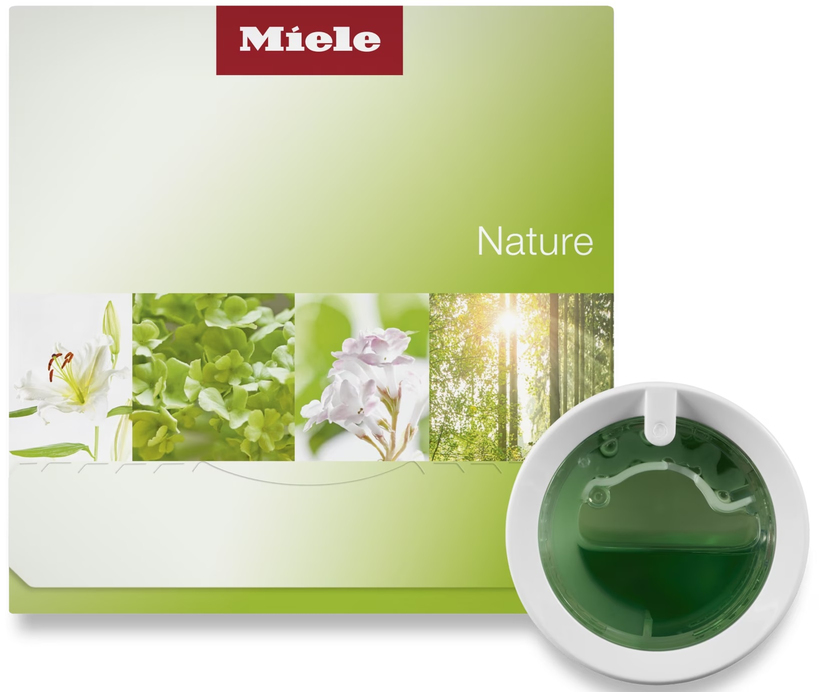 Pudełko produktu Miele ze zdjęciami o tematyce przyrodniczej. Zawiera kwiaty i pojemnik z zielonym płynem.