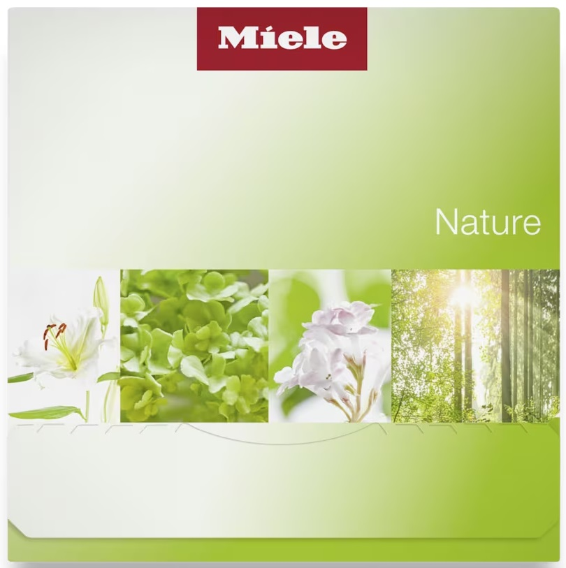 Opakowanie produktu Miele Nature, kolory zielony i biały, kwiaty.