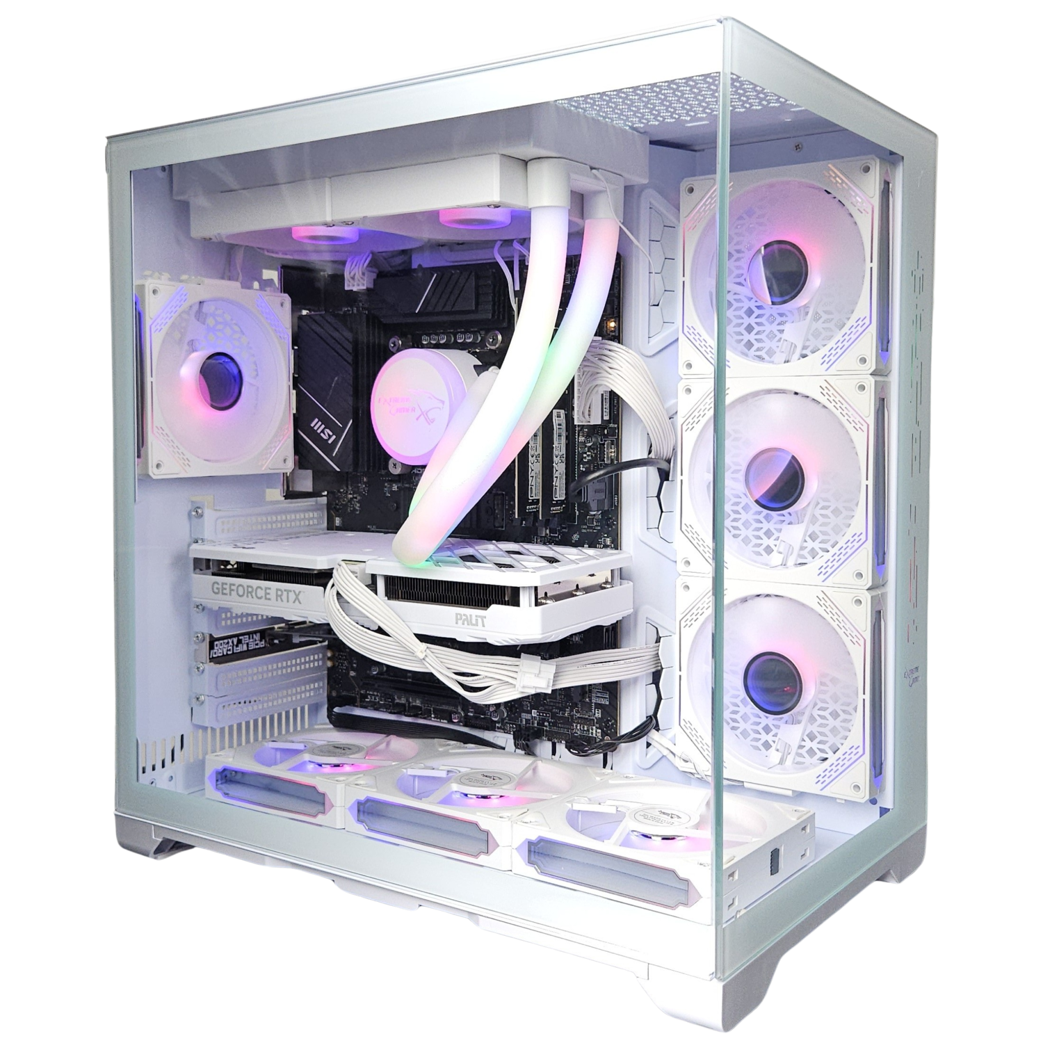 Witte computerkast met glazen zijpaneel. Bevat pc-componenten met kleurrijke LED-lichteffecten.