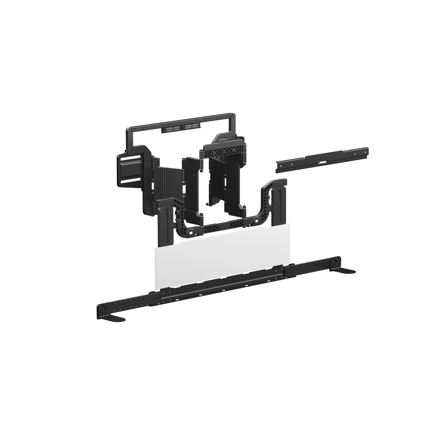 Gedemonteerde tv-montagebeugelkit. Verschillende zwarte componenten zijn zichtbaar.