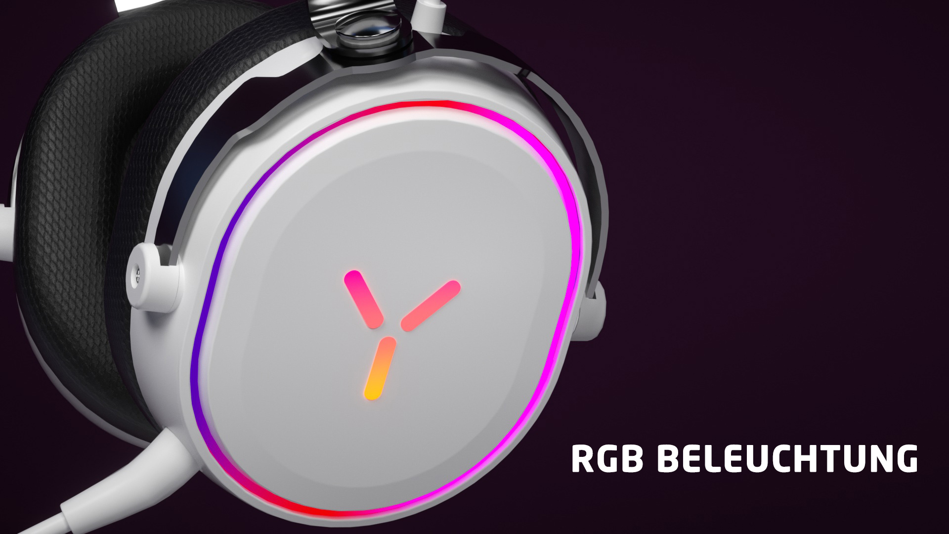 Weißes und silbernes Gaming-Headset mit RGB-Beleuchtung. Das Headset befindet sich auf dunklem Hintergrund.