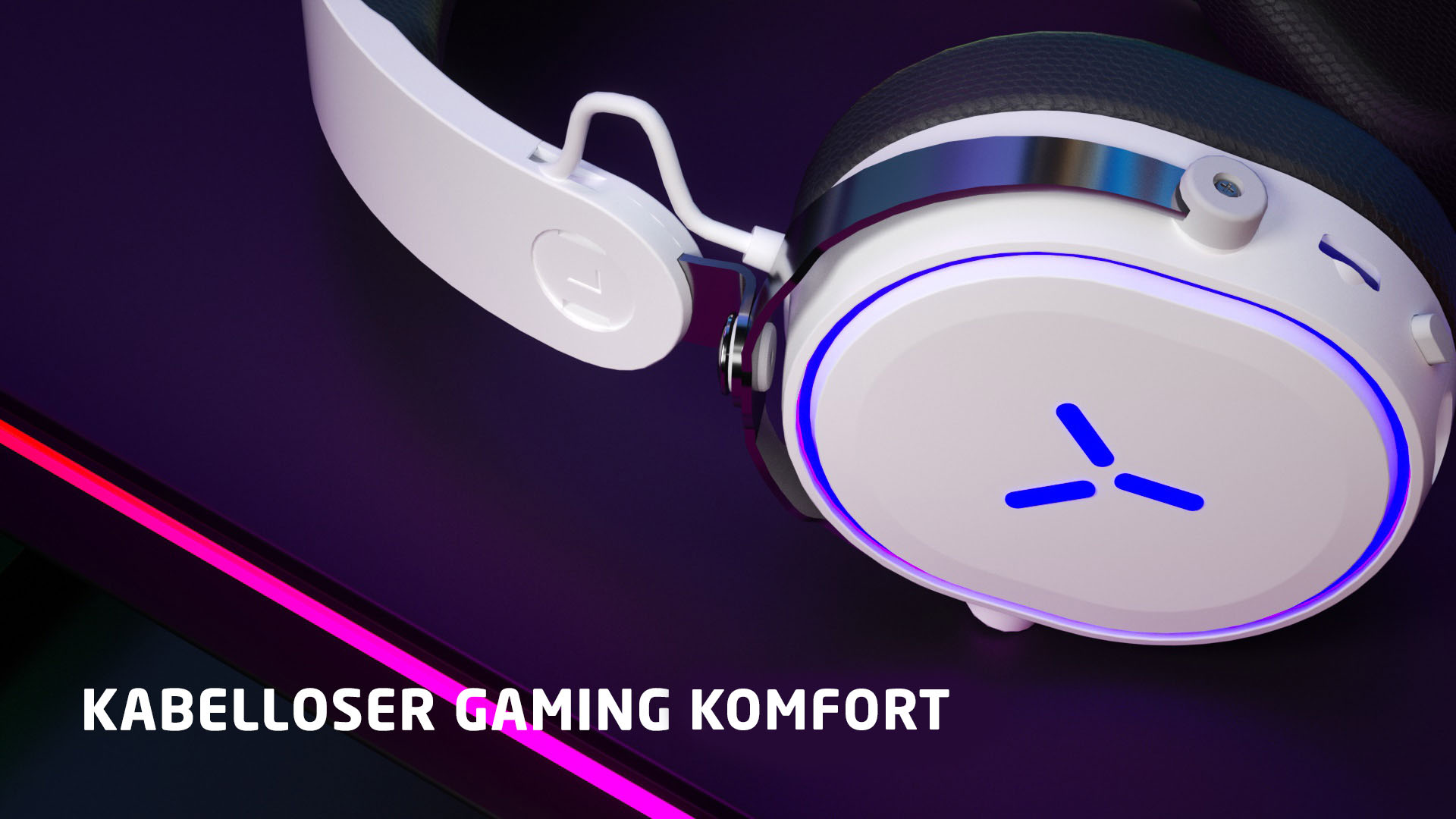 Weiße und schwarze Gaming-Kopfhörer mit blauen Lichtern auf dunkler Oberfläche.