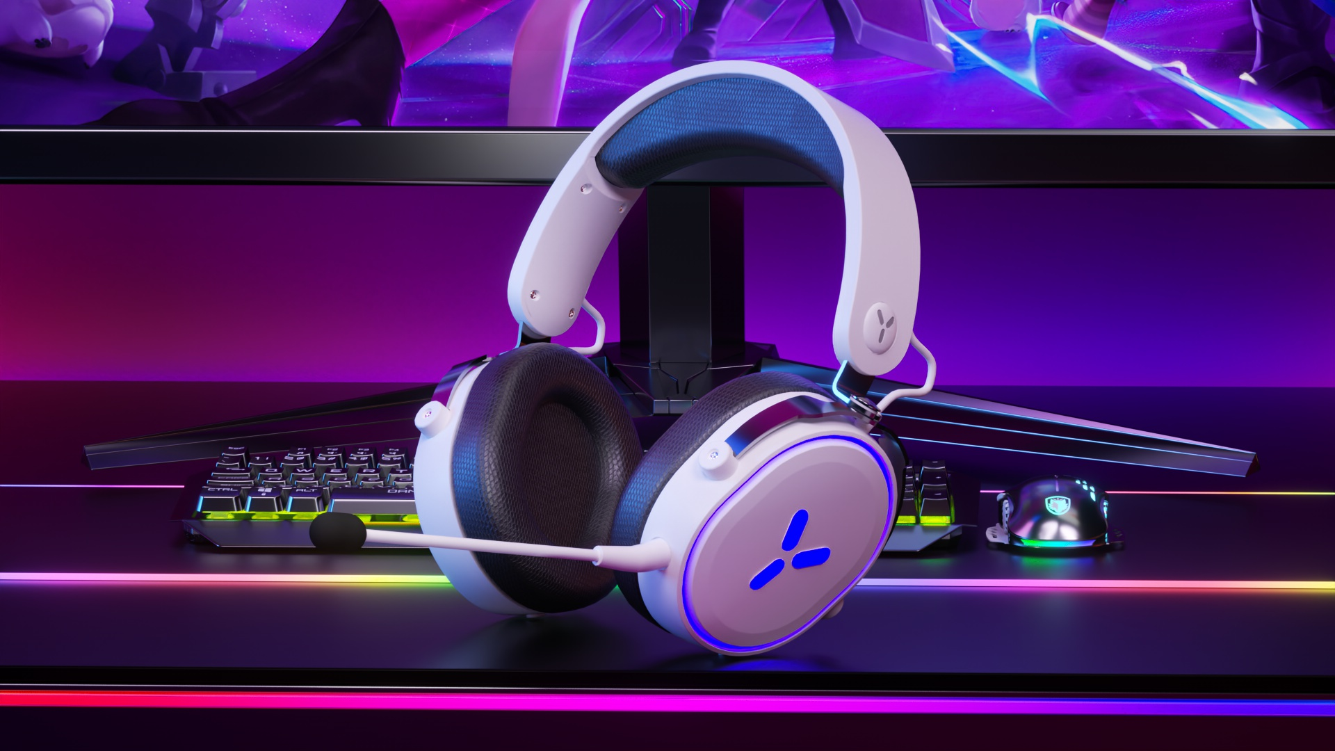 Weißes und schwarzes Gaming-Headset und eine Maus auf dunkler Oberfläche mit Neonlichtern.