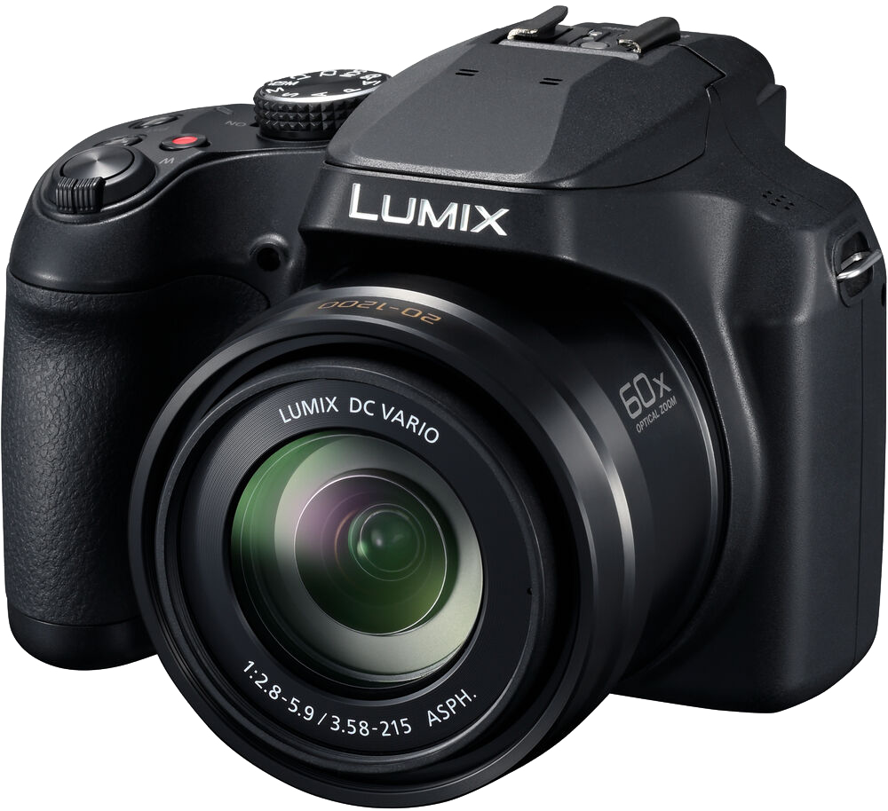 Egy fekete Lumix kamera zoom objektívvel. A kamerának nagy objektívje és kiemelkedő keresője van.