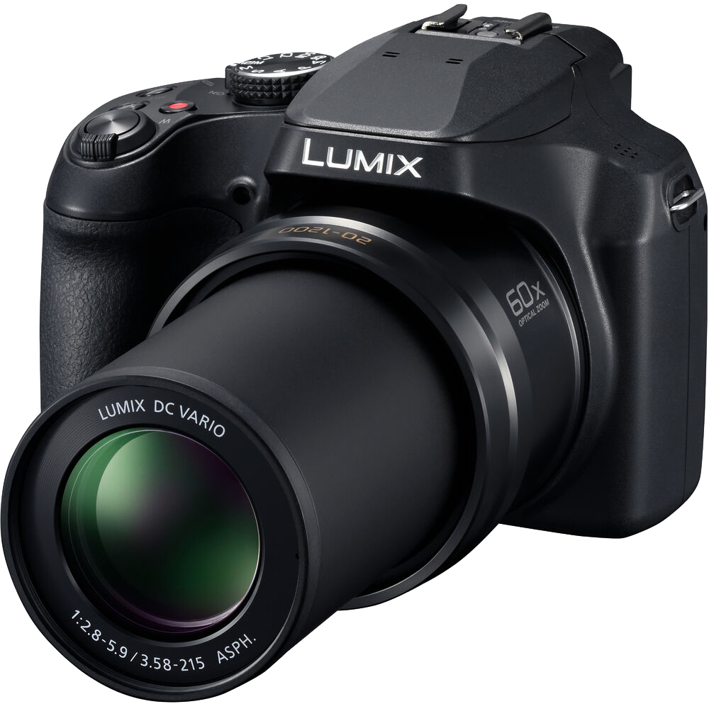 Fekete Lumix kamera nagy objektívvel, 60x zoommal és több tárcsával, fehér háttér előtt.
