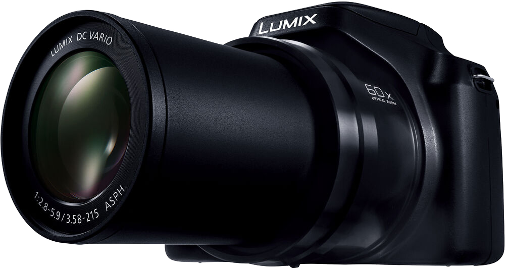 Fekete kamera objektívvel. 60x-os optikai zoommal rendelkezik, fehér háttéren.