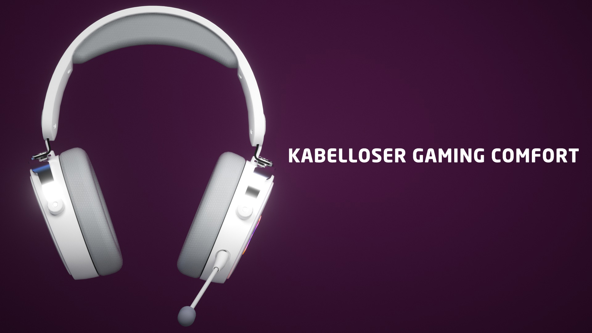 Weißes Gaming-Headset mit Mikrofon auf lila Hintergrund mit weißem Text.
