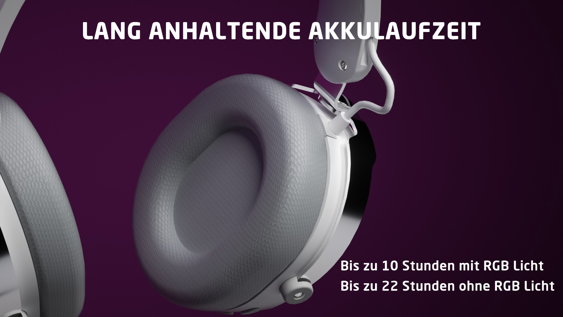 Weiße Kopfhörer mit grauen Ohrmuscheln auf lila Hintergrund. Text: Lange Akkulaufzeit.