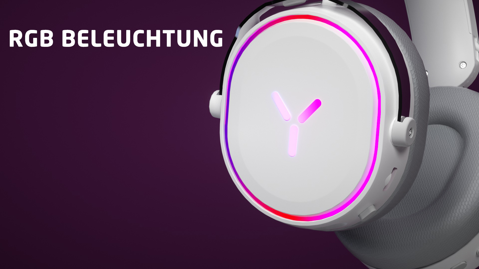 Ein weißes Gaming-Headset mit RGB-Beleuchtung. Das Headset hat ein kreisförmiges Design mit Logo.