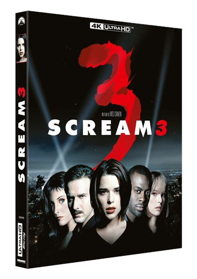 Pochette du film Scream 3. Visages des personnages sur fond sombre.