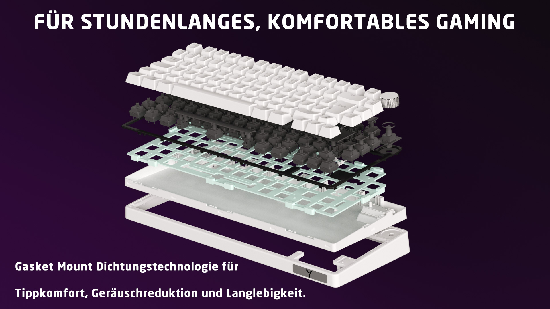 Explosionszeichnung einer weißen mechanischen Tastatur. Enthält Tastenkappen, Schalter und Rahmen.