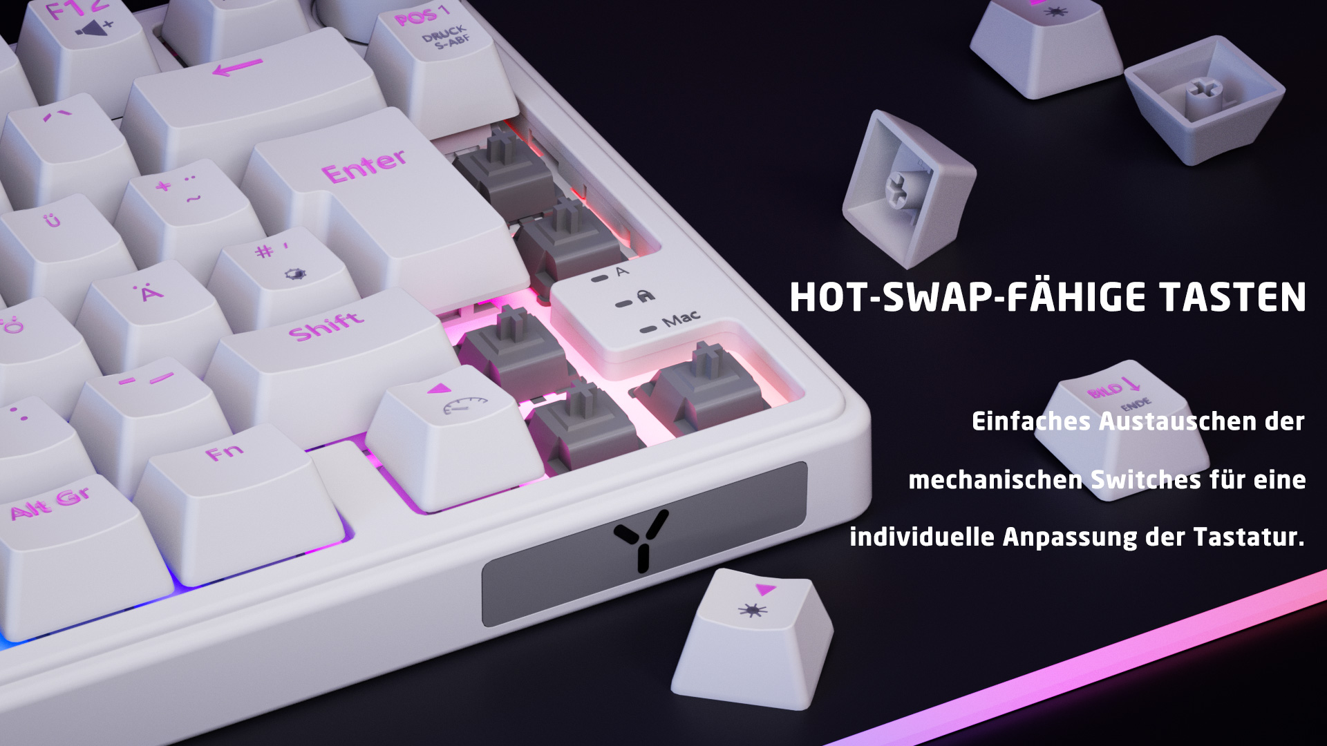 Eine weiße Tastatur mit entfernten Tastenkappen, die Schalter zeigen. Text: 'HOT-SWAP-FÄHIGE TASTEN'.