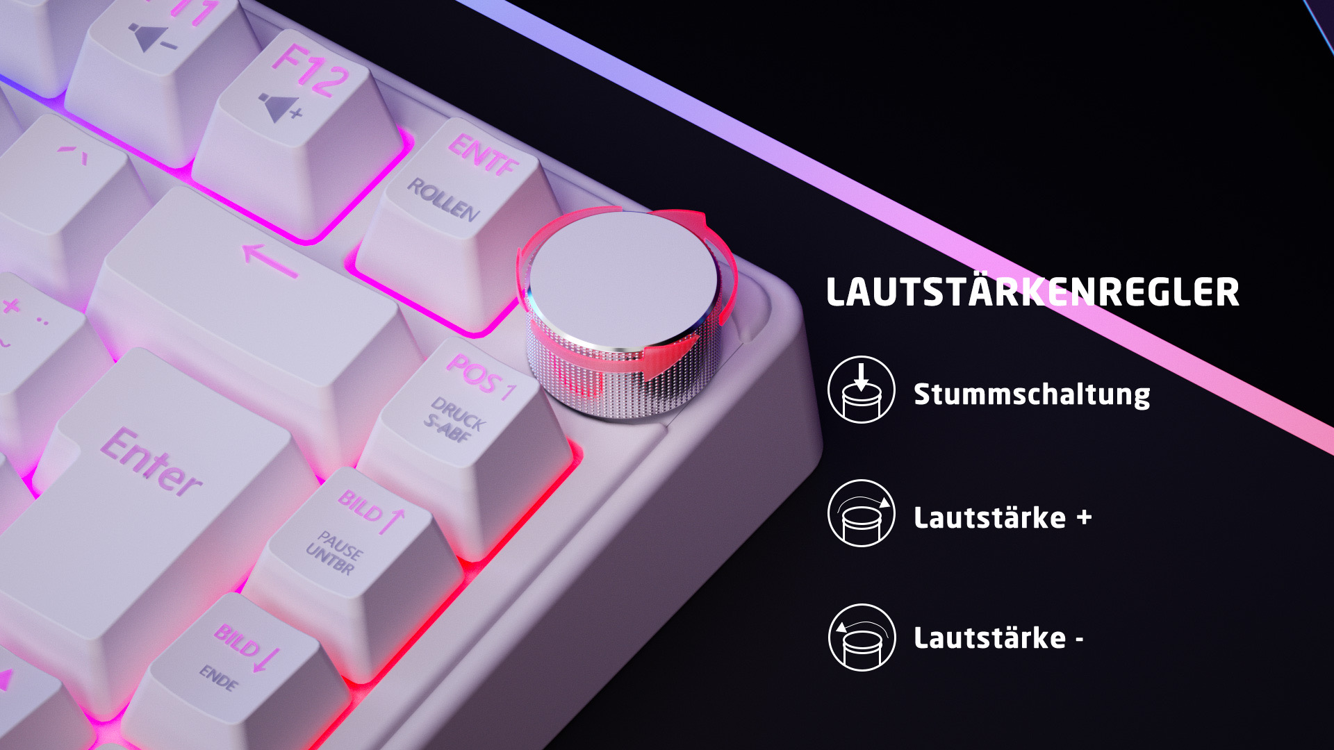 Nahaufnahme einer weißen Gaming-Tastatur mit Lautstärkeregler und Funktionsanzeigen.