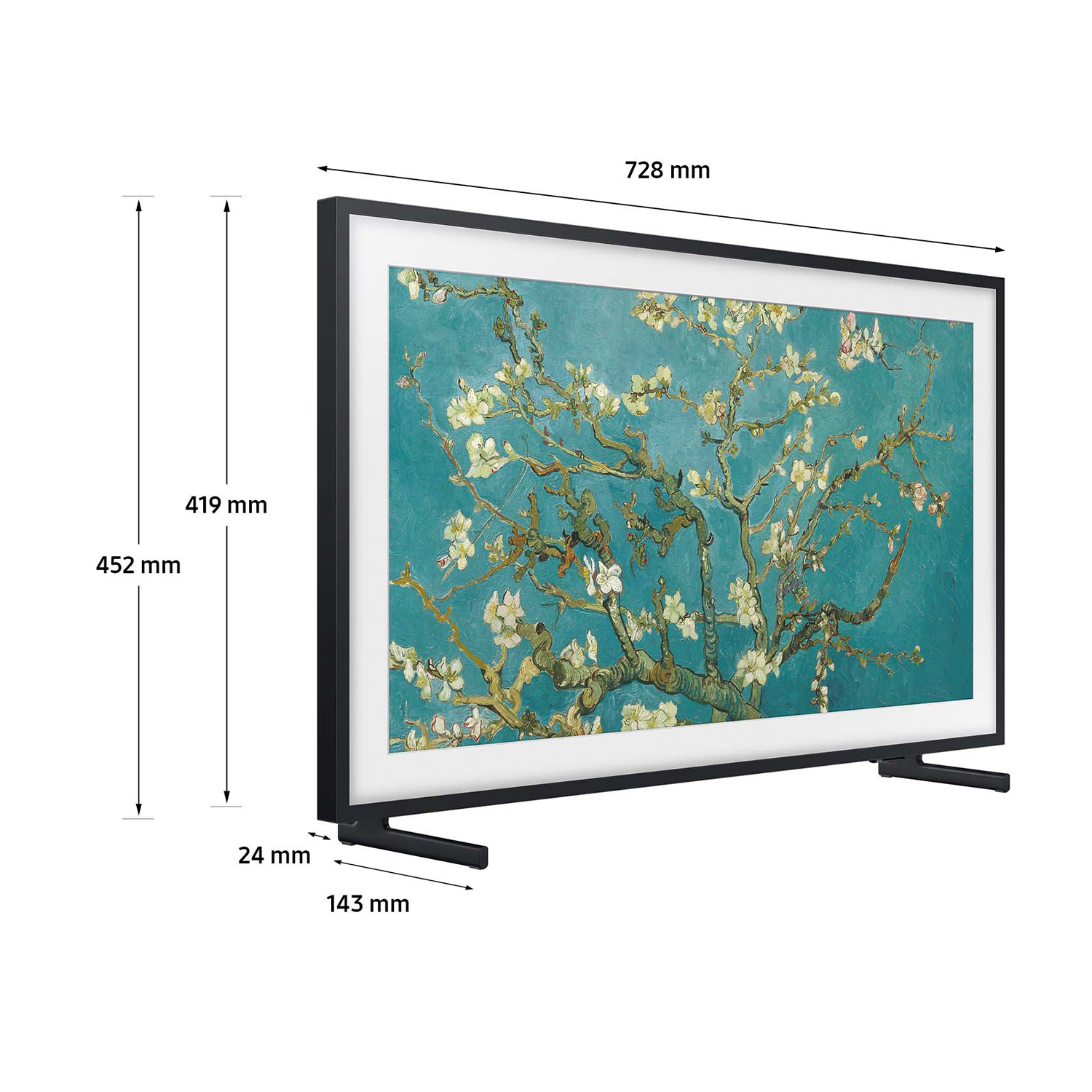 Una TV con cornice nera con un'esposizione d'arte di un dipinto di un albero. Le dimensioni sono mostrate.