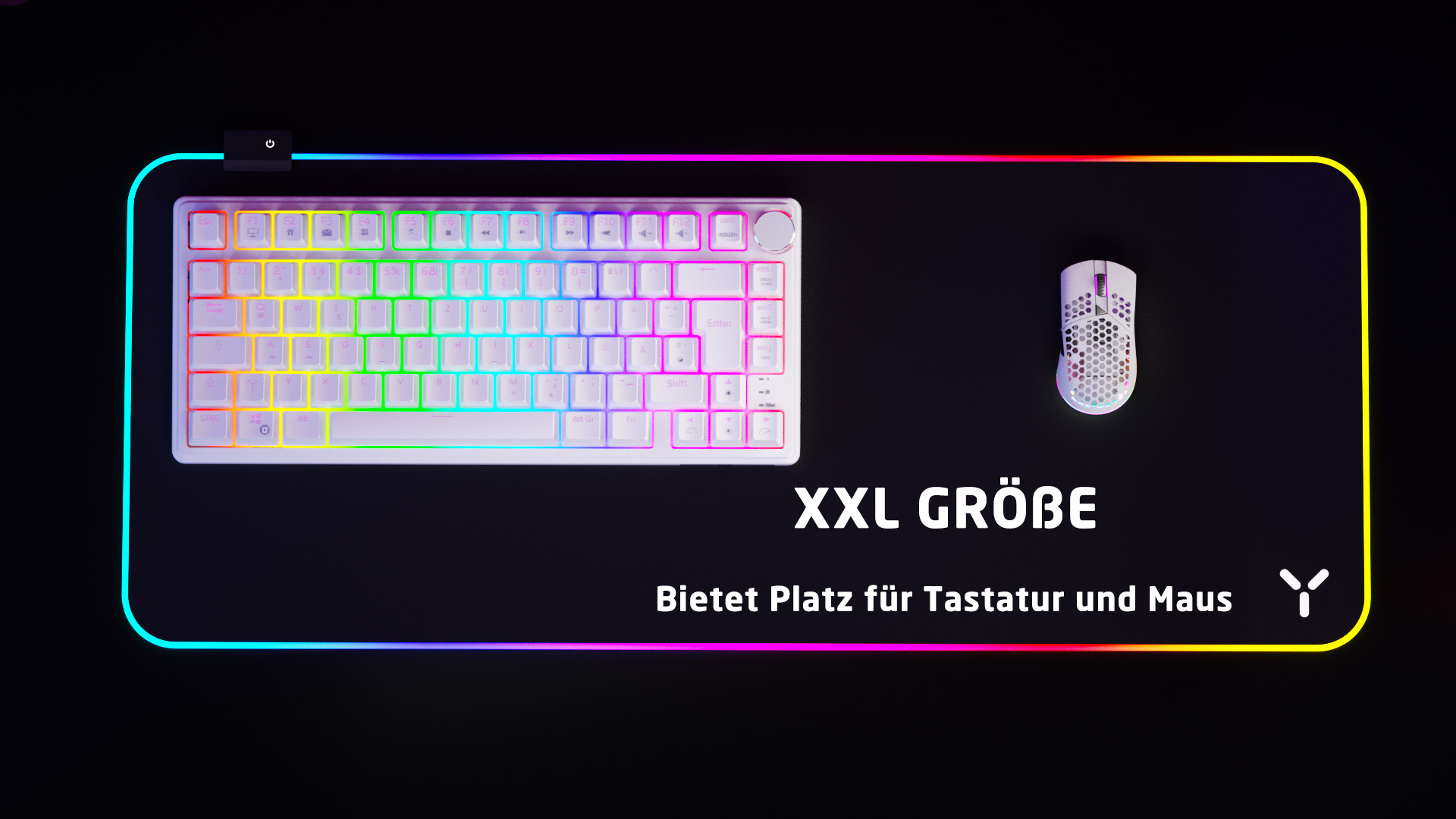 Weiße Tastatur mit Regenbogenlichtern auf einem schwarzen Pad. Rechts ist eine weiße Maus.