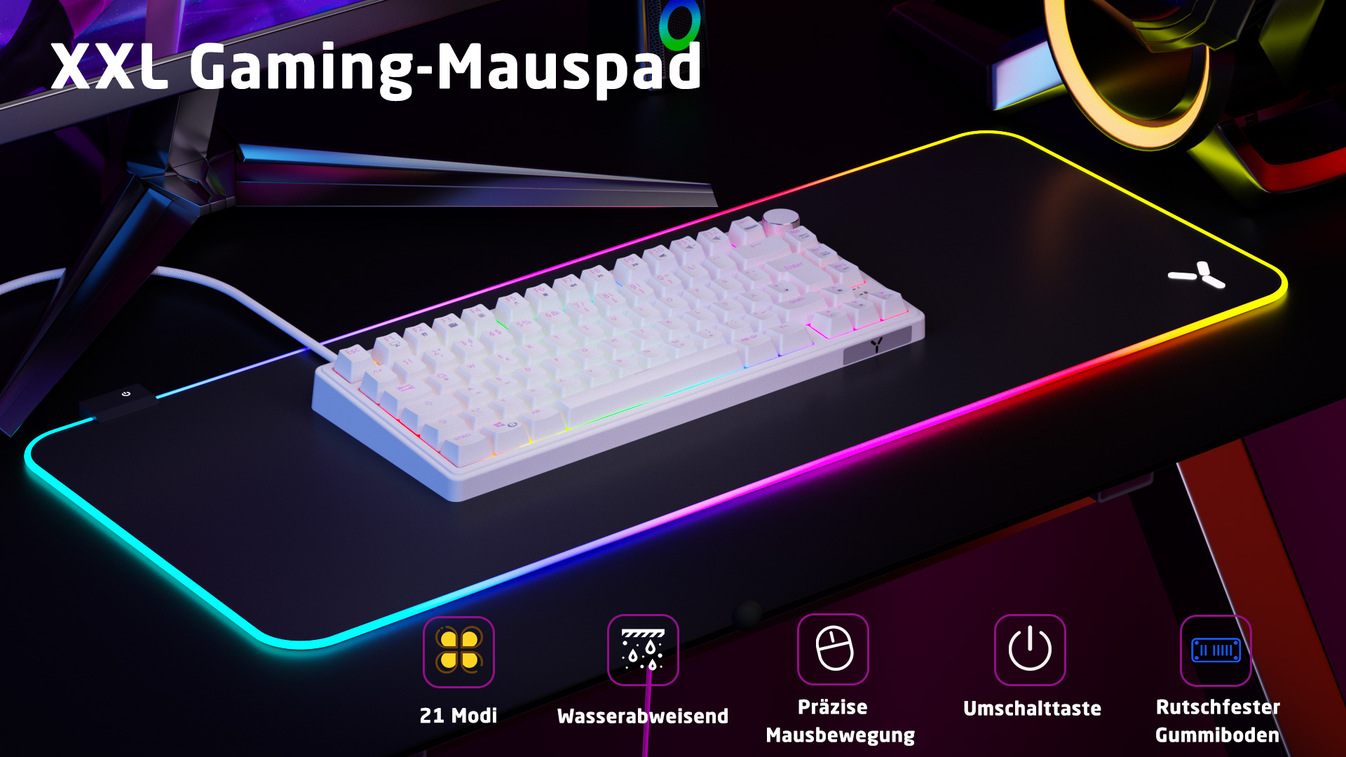 Gaming-Mauspad mit Tastatur, farbige Ränder, auf einem Schreibtisch.