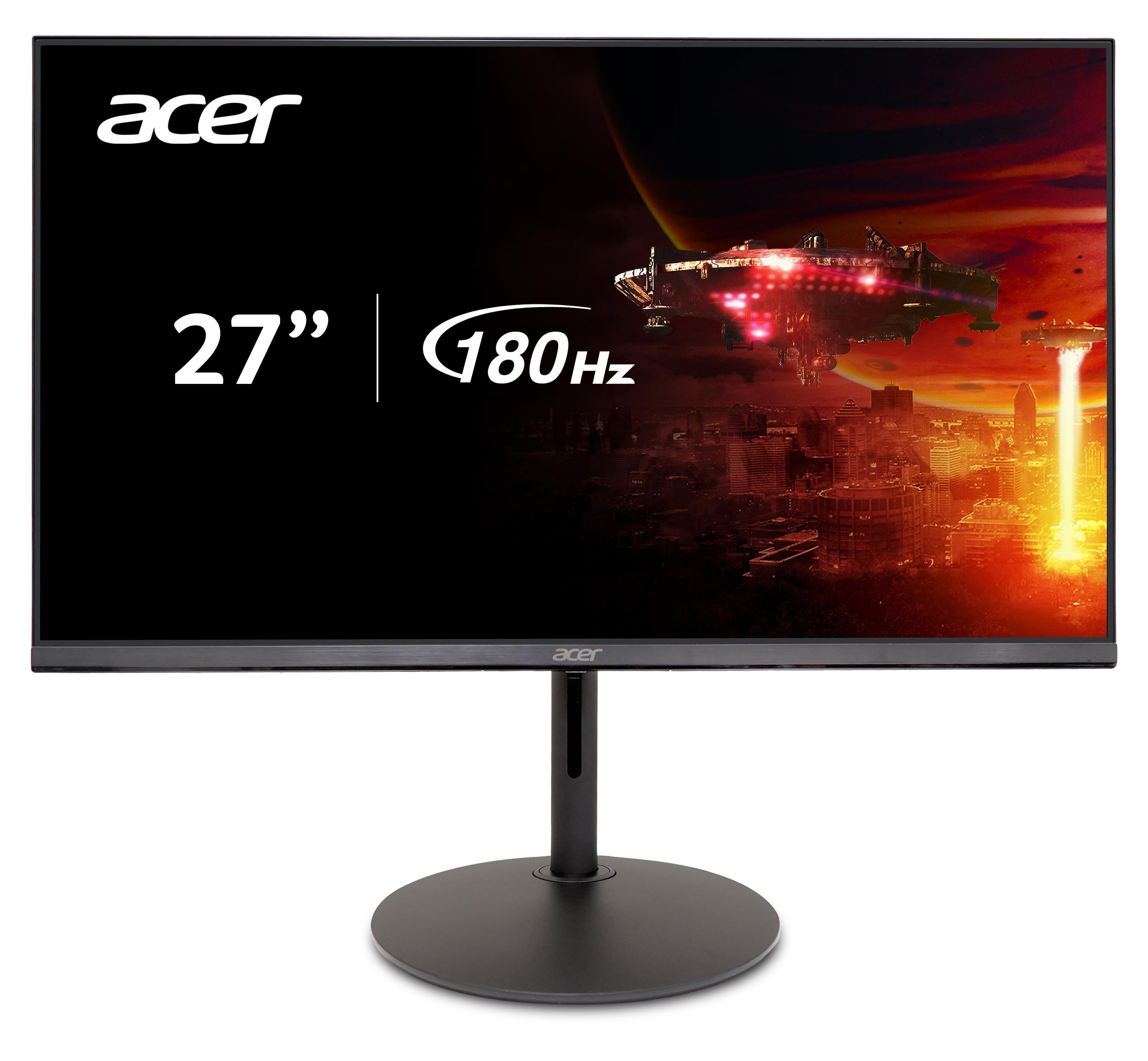 Acer 27-Zoll-Computermonitor mit schwarzem Rahmen, schwarzem Ständer und einer futuristischen Gaming-Szene auf dem Bildschirm.