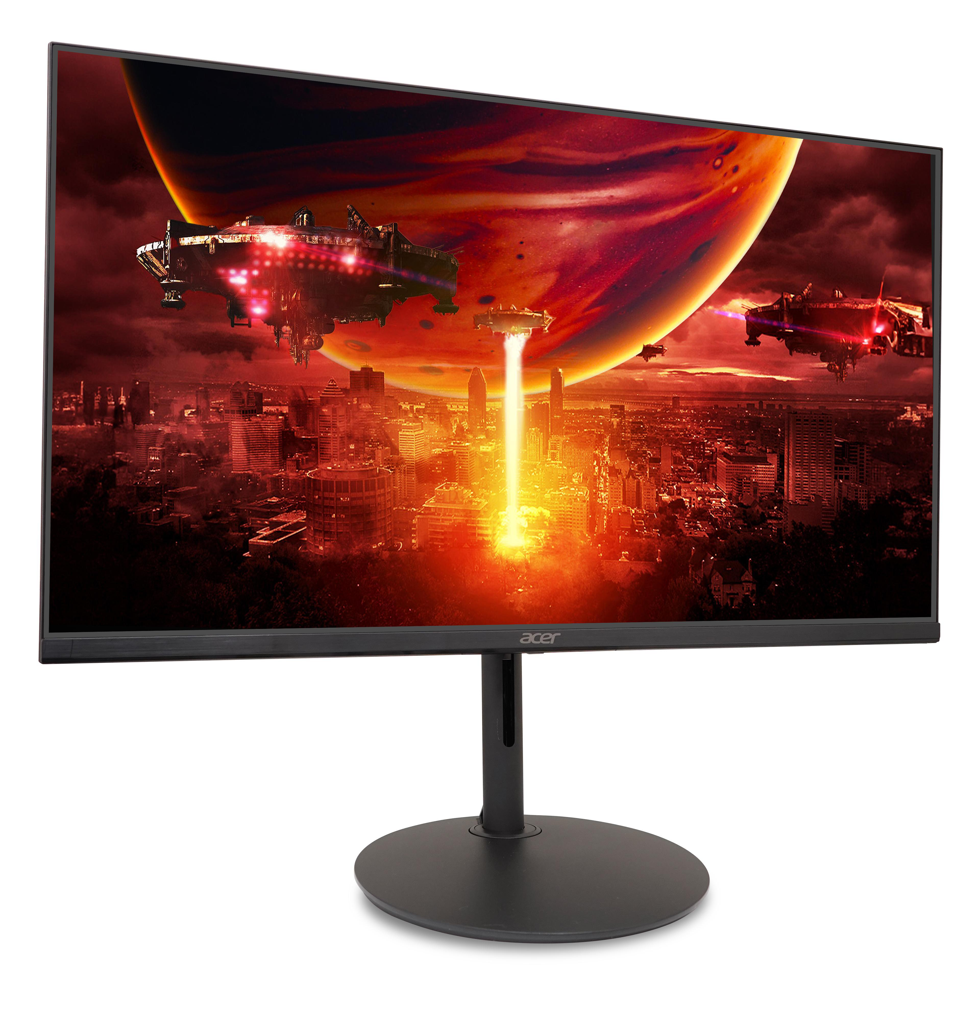 Computermonitor mit einer außerirdischen Stadt. Im Hintergrund ist ein roter Planet.