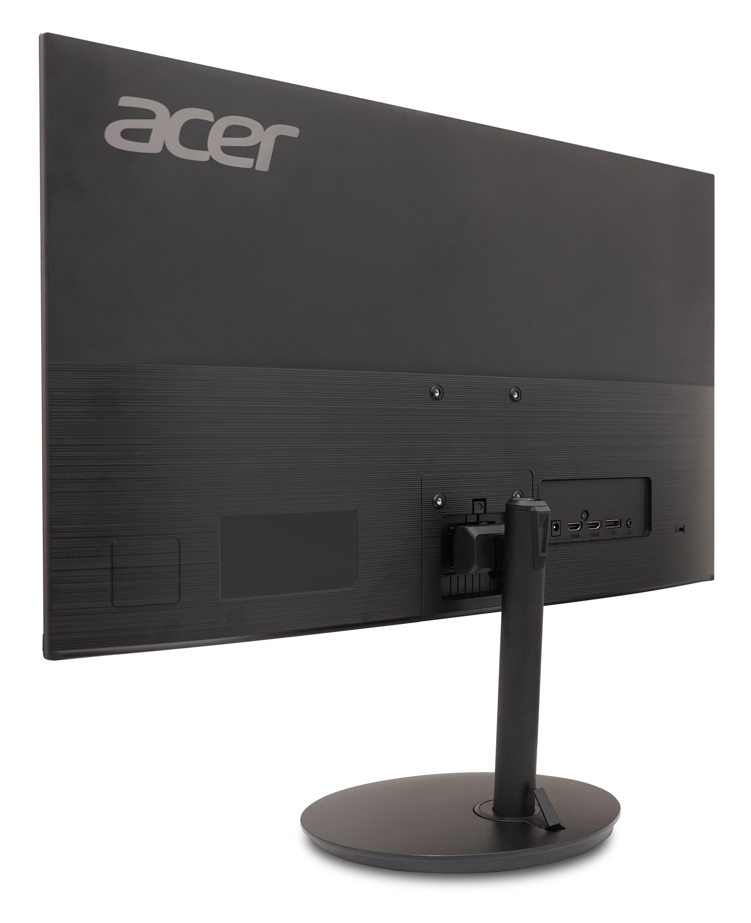 Rückseite eines schwarzen Acer-Monitors mit Ständer und sichtbaren Anschlüssen.
