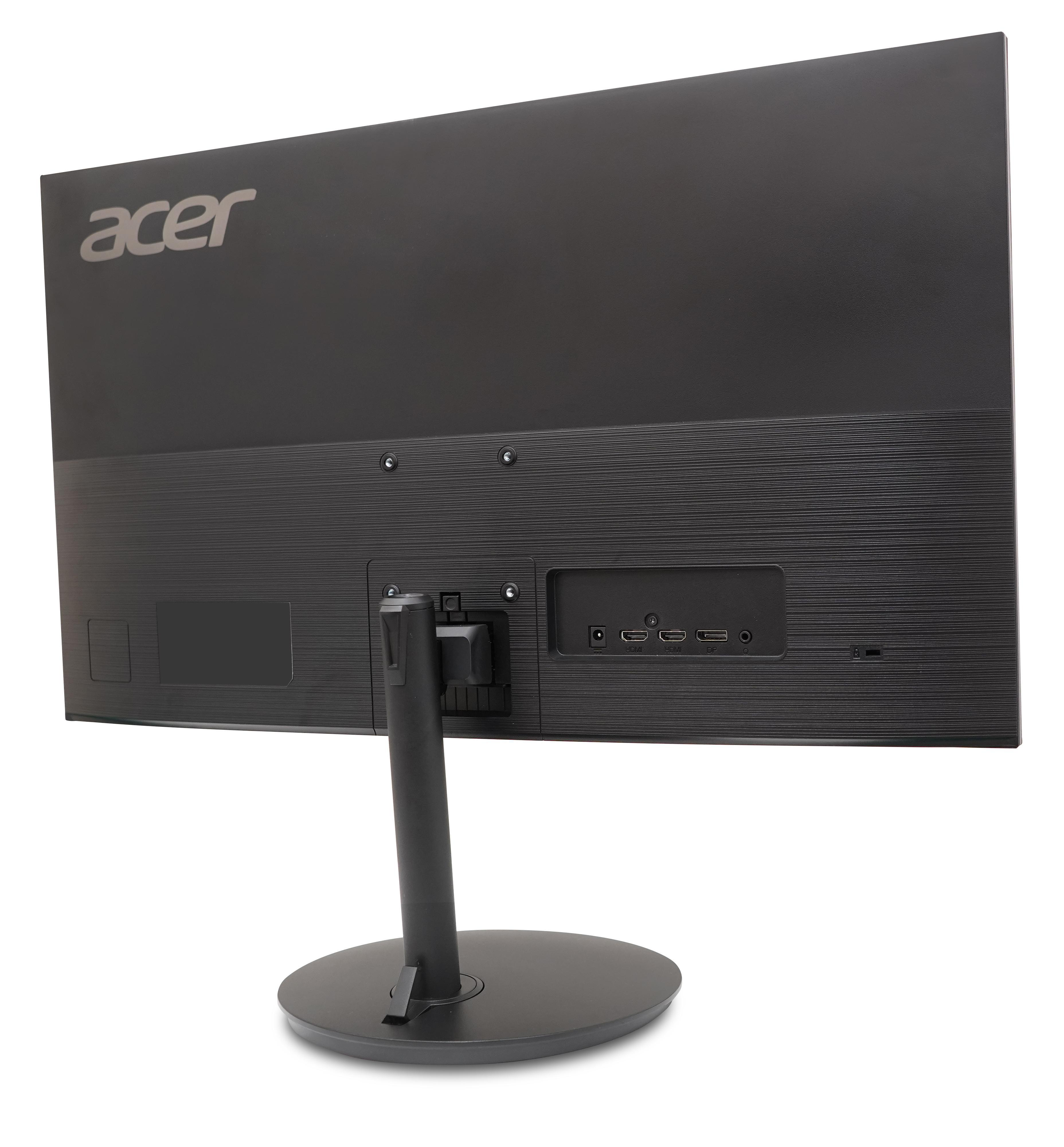 Rückansicht des schwarzen Monitors. Er hat das Acer-Logo, Anschlüsse und einen Ständer. Weißer Hintergrund.