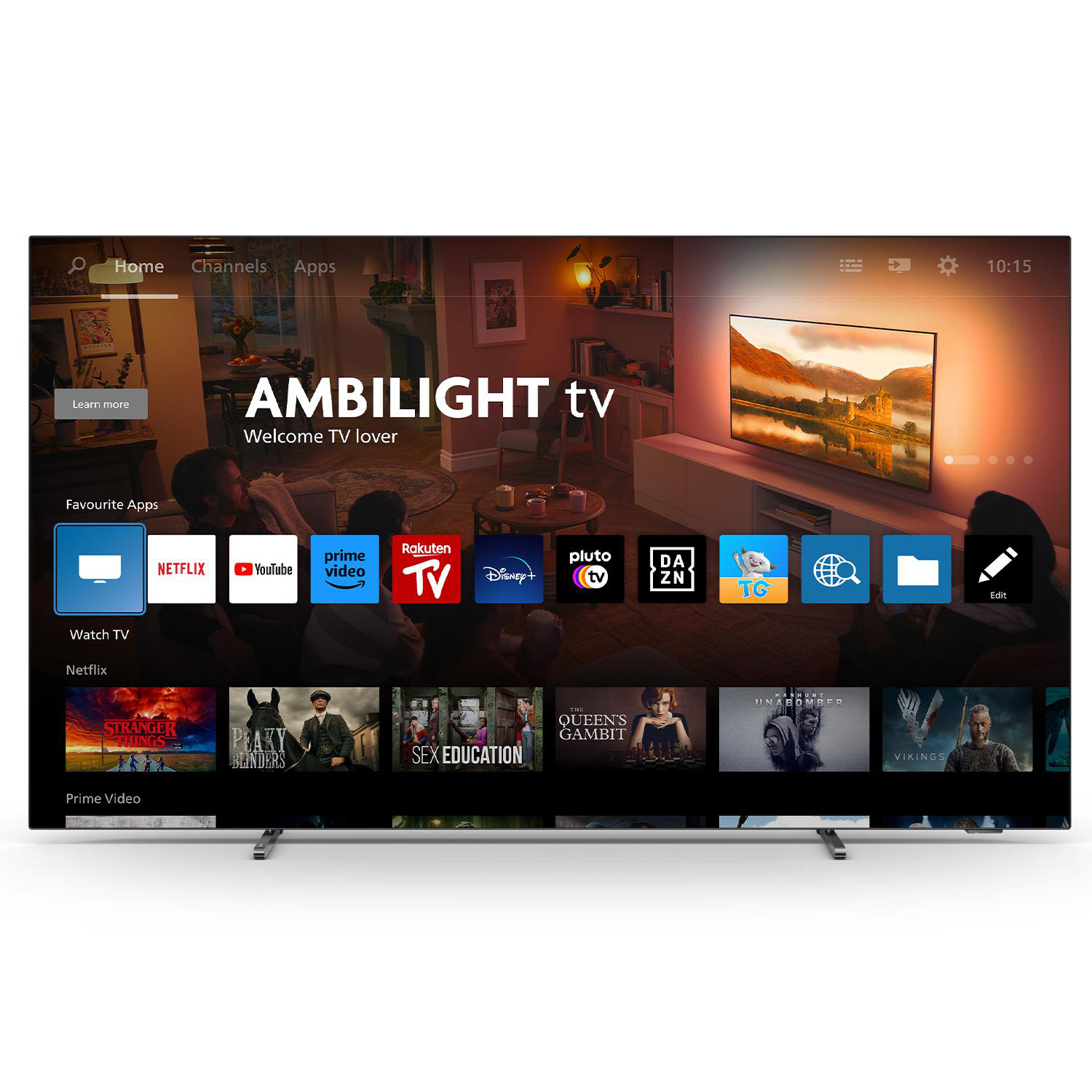 Ein Fernsehbildschirm zeigt eine Smart-TV-Oberfläche mit Apps und einer Wohnzimmerszene.