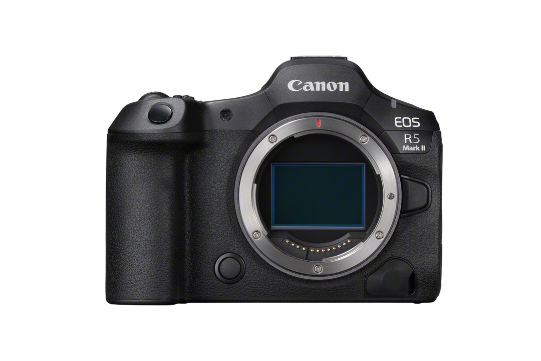 Canon EOS R5 Mark II Kameragehäuse, schwarz. Objektivanschluss und Knöpfe sichtbar.