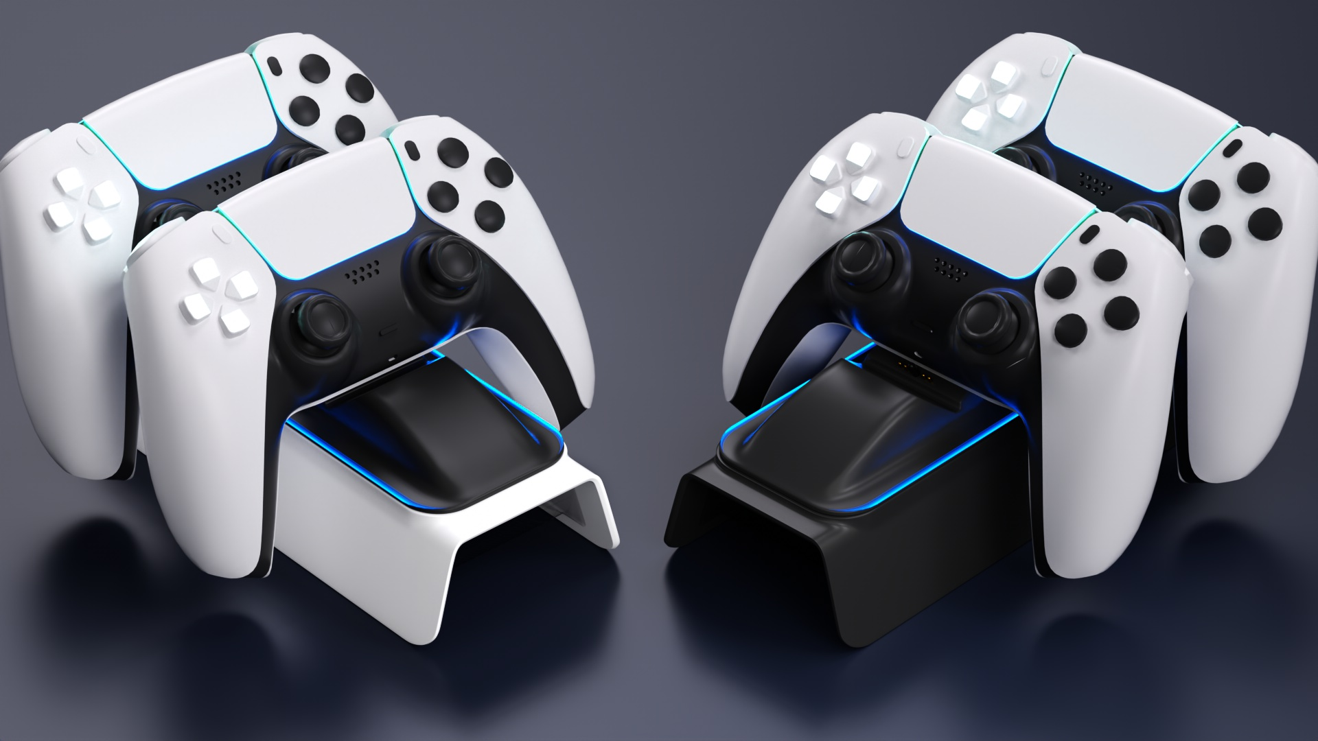 Zwei Paare weißer PlayStation-Controller in ihren Ladestationen auf dunkler Oberfläche.