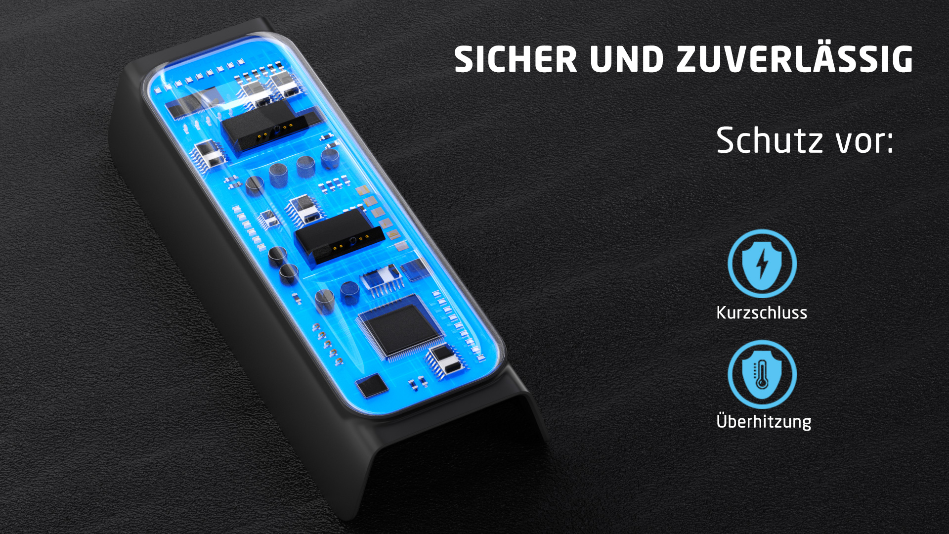 Ein Schema eines Geräts mit blauen Lichtern, das den Schutz vor Kurzschlüssen veranschaulicht.