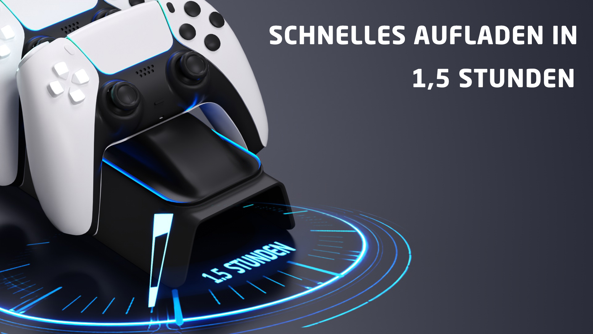 Schwarz-weiße Ladestation mit zwei weißen Gamecontrollern. Text: Schnelles Aufladen.