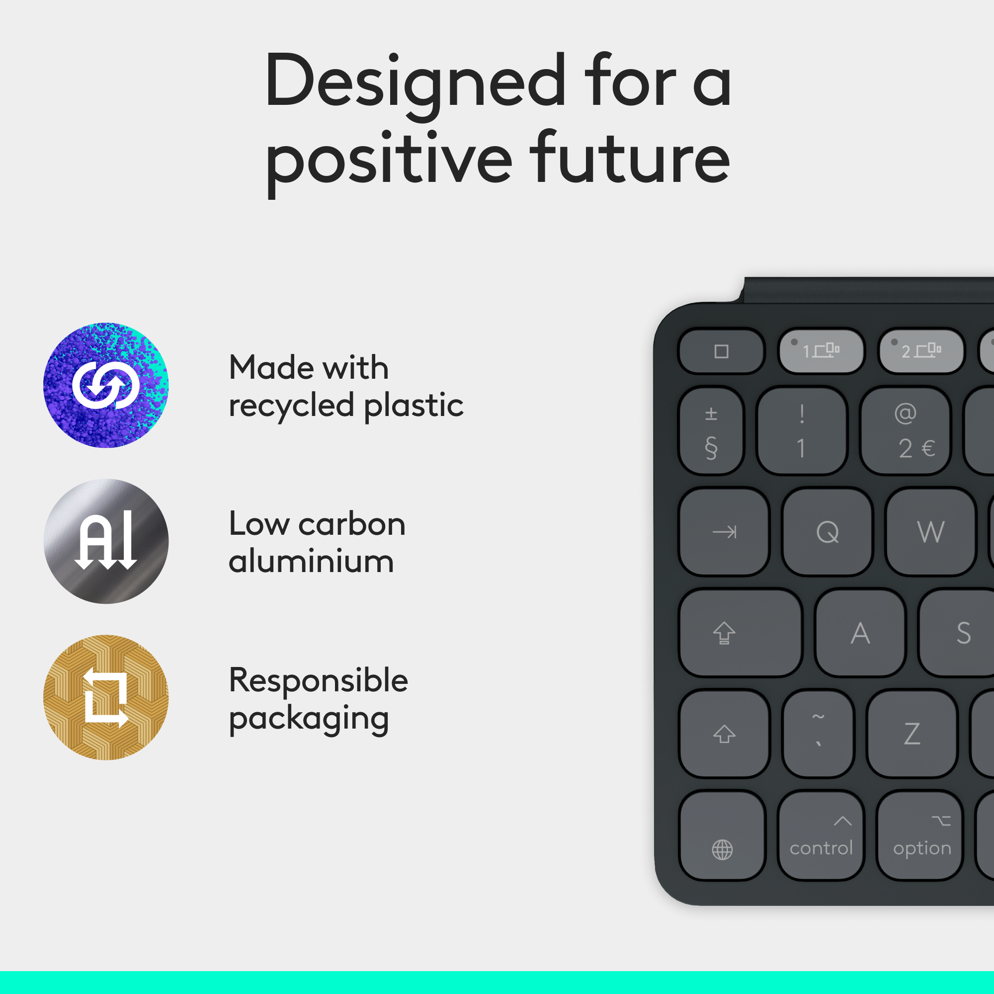 Tastatur mit Symbolen, die Recycling-Kunststoff, kohlenstoffarmes Aluminium und verantwortungsvolle Verpackung zeigen.
