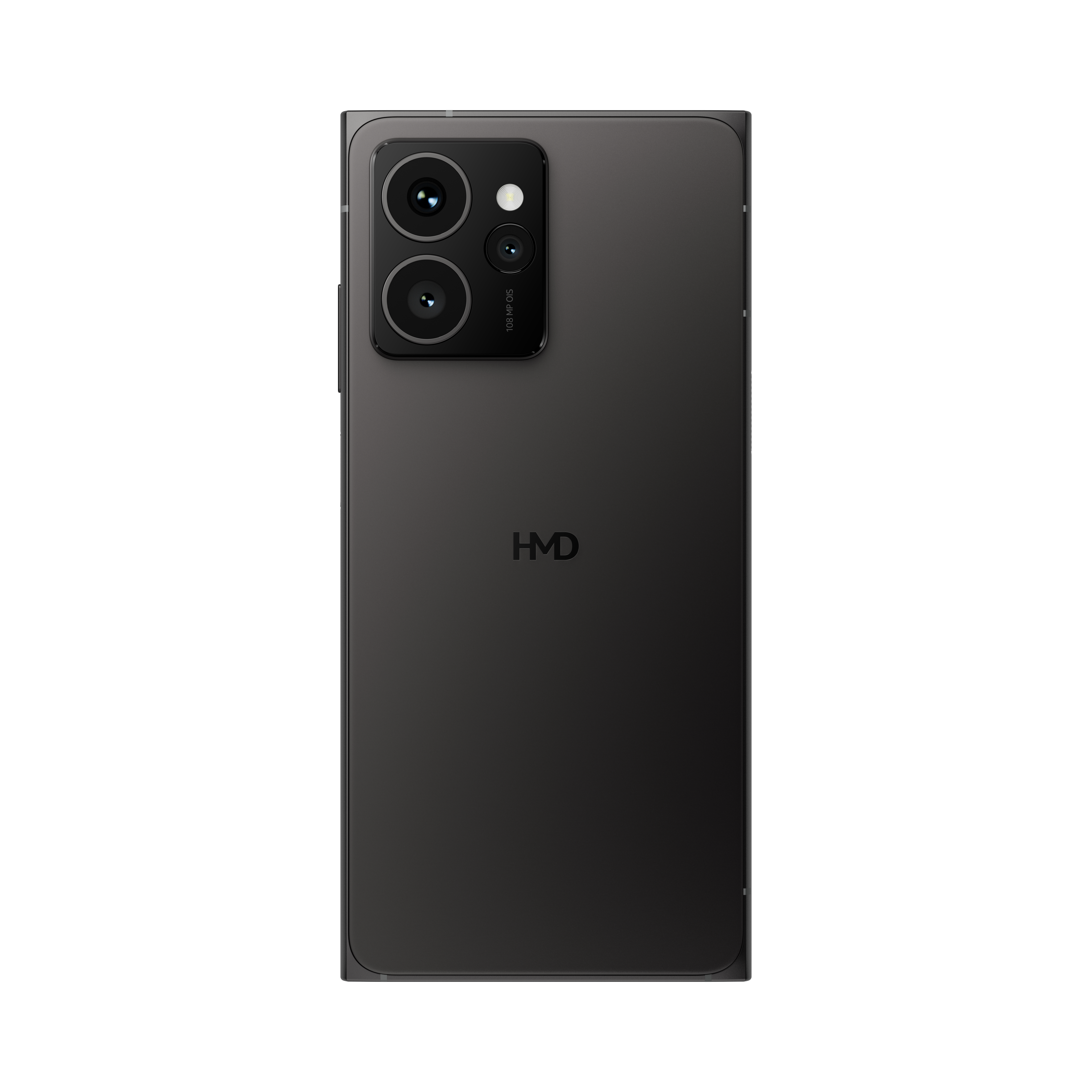 Die Rückseite eines schwarzen Smartphones mit mehreren Kameras und dem HMD-Logo.