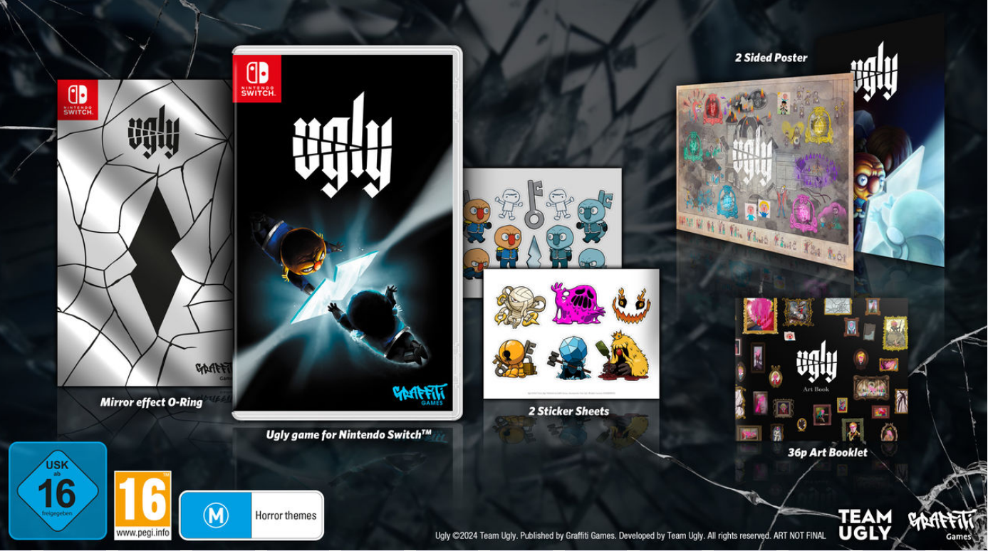 Spielverpackung von 'Ugly' für Nintendo Switch, mit Extras wie Stickern und einem Poster.