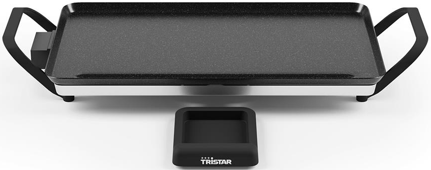 Piastra nera con maniglie, base di alimentazione nera e un piccolo contenitore nero sotto.
