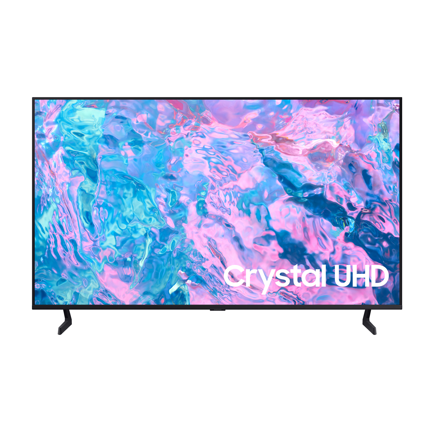 Grande TV nera con gambe sottili. Lo schermo mostra un mix di colori rosa e blu, con testo "Crystal UHD".