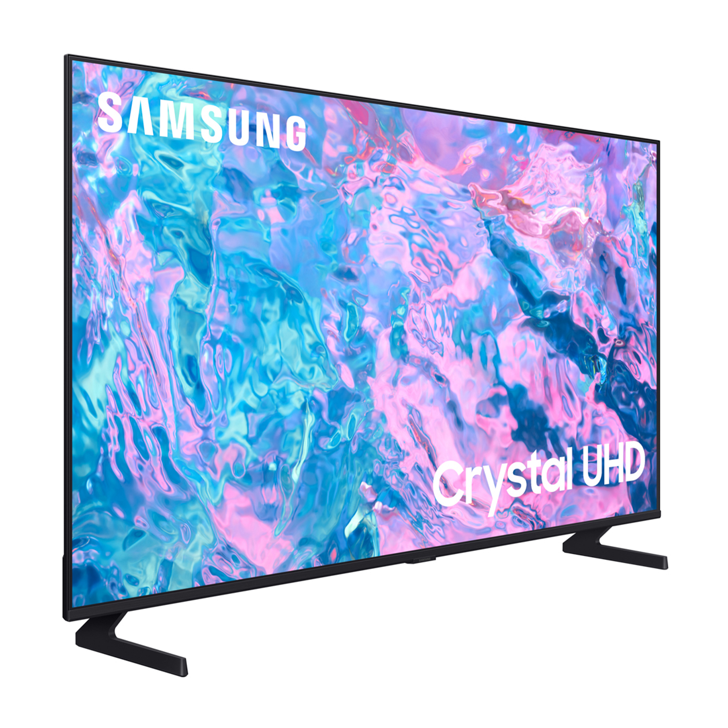 TV Samsung Crystal UHD. Cornice e supporto neri. Lo schermo mostra colori rosa e blu.