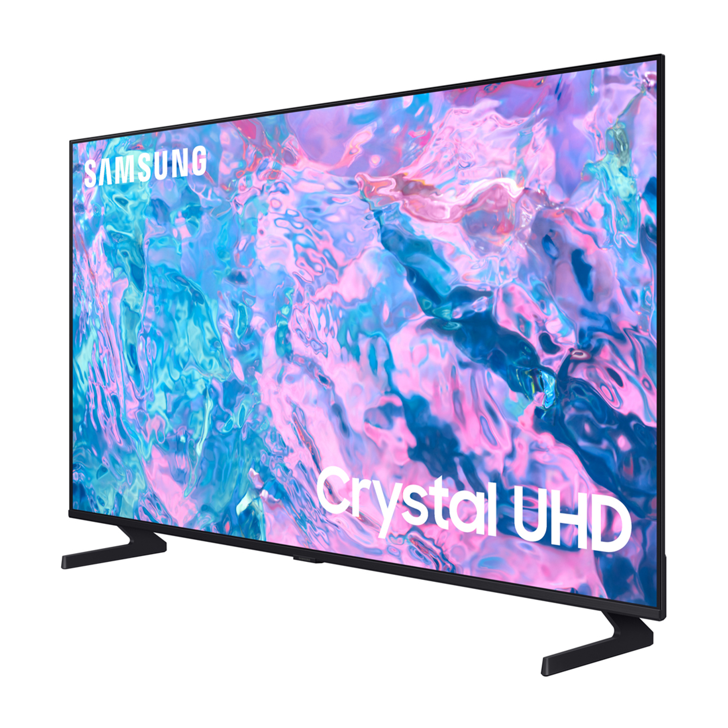 Un moderno televisore Samsung. Lo schermo mostra un'immagine pastello. È su un supporto. Sfondo bianco.