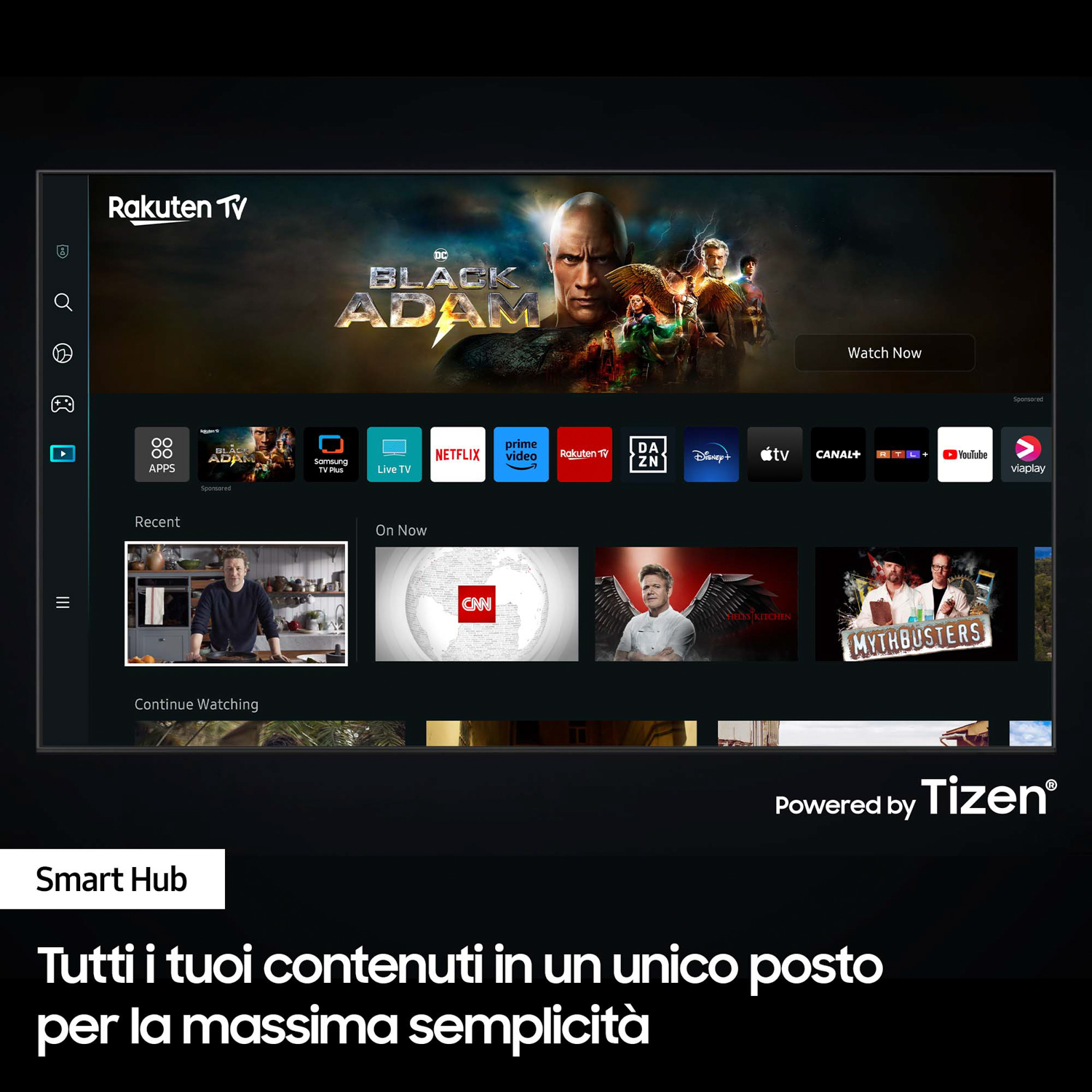 Schermo TV che mostra app di streaming e pubblicità di film, con testo in italiano.