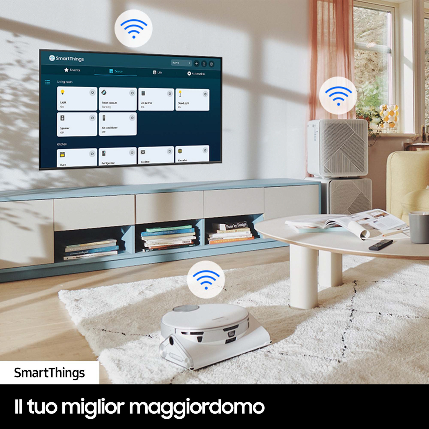 Un soggiorno con smart TV e dispositivi smart home, controllati da SmartThings.