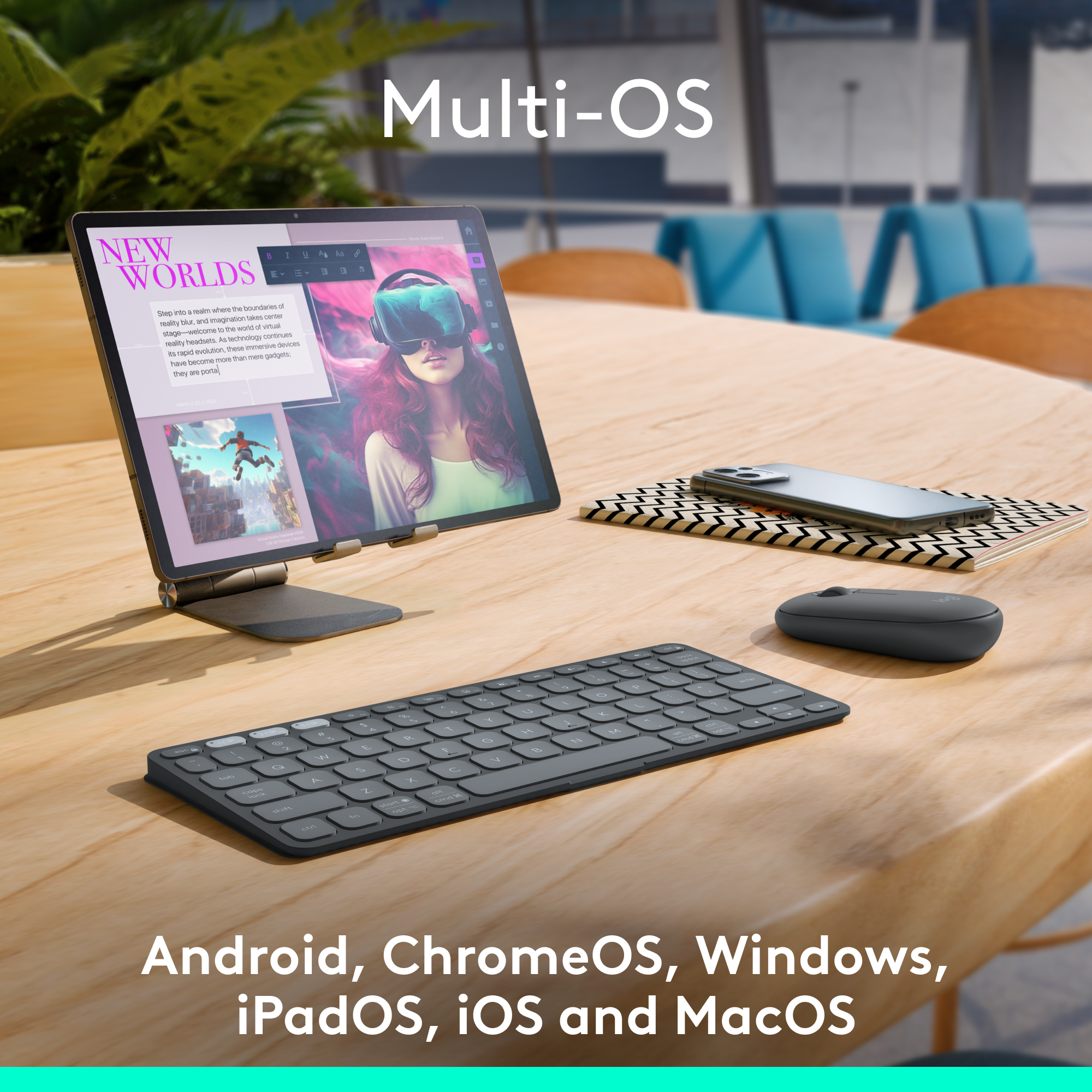 Tablet mit Tastatur, Maus und Smartphone. Text: Multi-OS, Android, ChromeOS, Windows, iPadOS, iOS und MacOS.