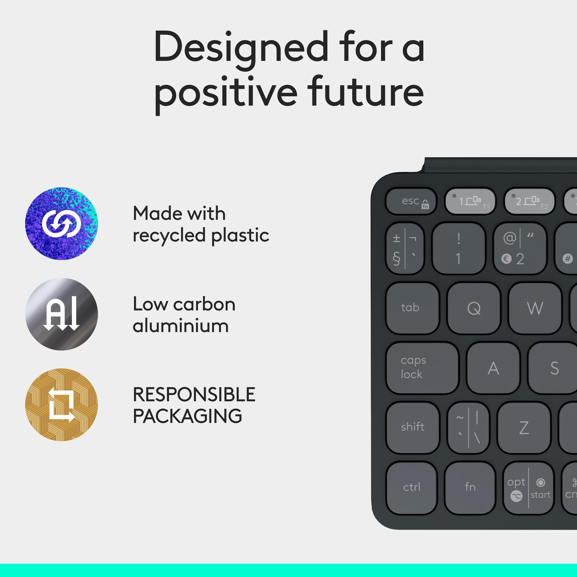 Das Bild zeigt eine Tastatur mit Text über recycelten Kunststoff, kohlenstoffarmes Aluminium und verantwortungsvolle Verpackung.