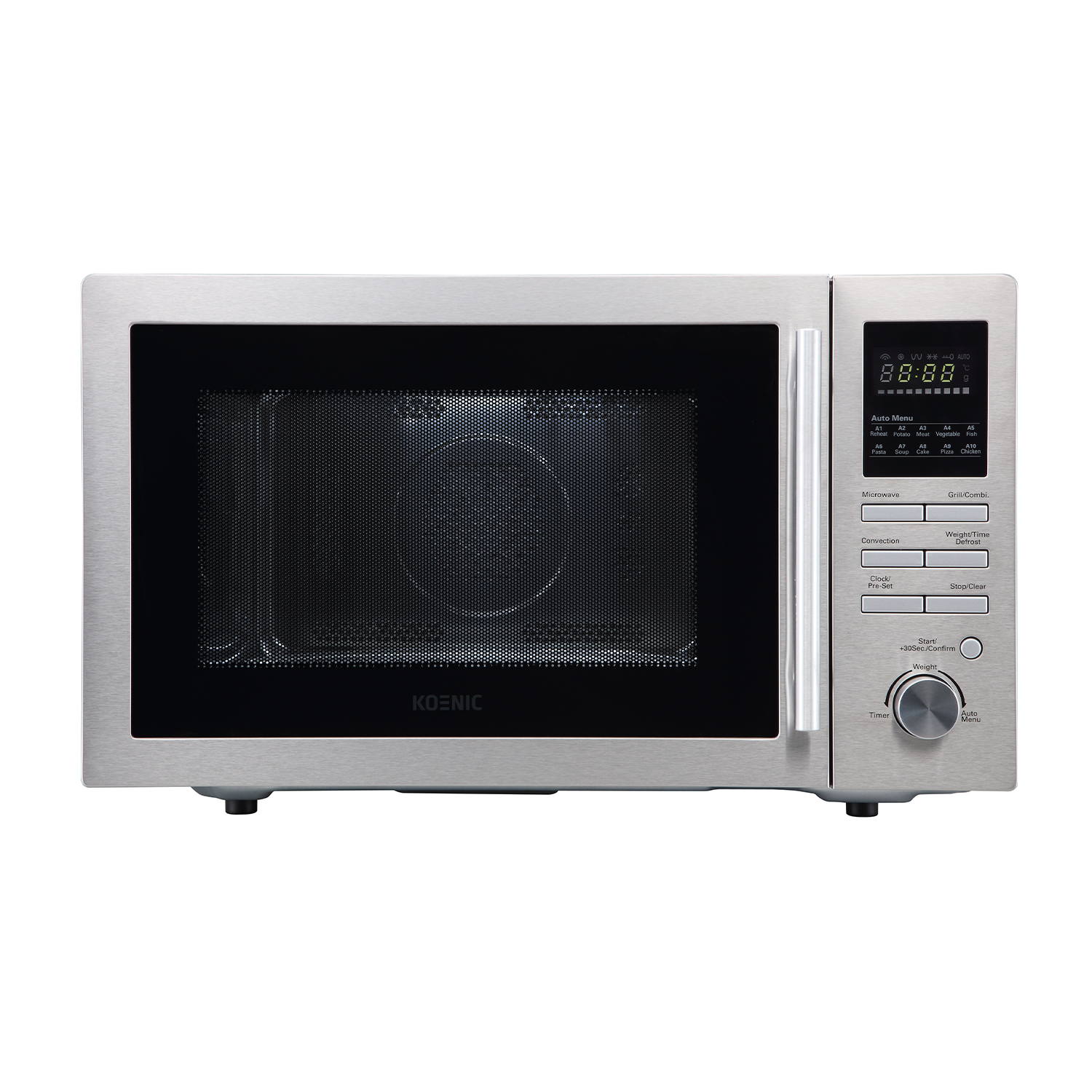 Un forno a microonde Koenic argento. Ha un display digitale e pulsanti, su sfondo bianco.