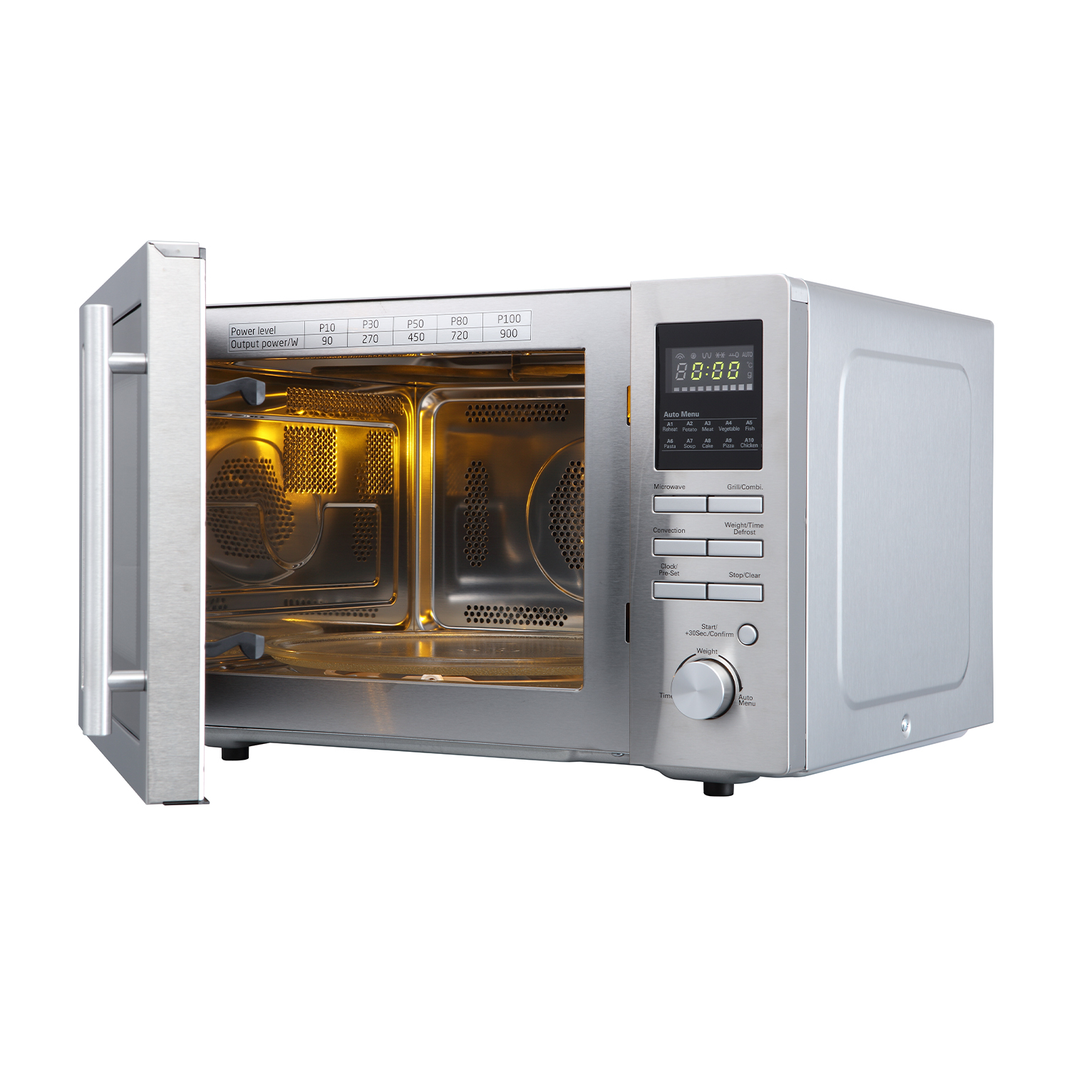 Forno a microonde argentato con la porta aperta, che illumina l'interno.