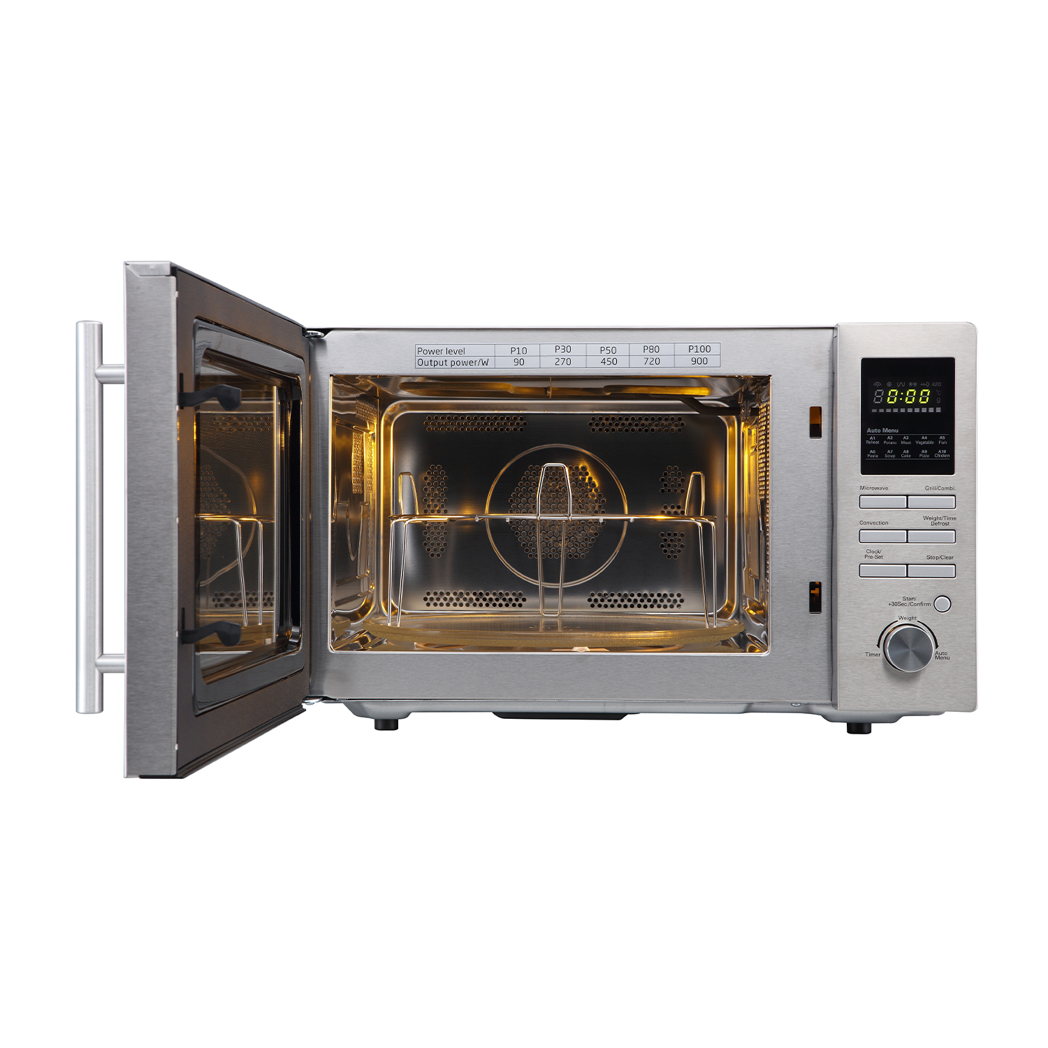 Un forno a microonde con la porta aperta. Interno con piatto rotante e pannello di controllo.