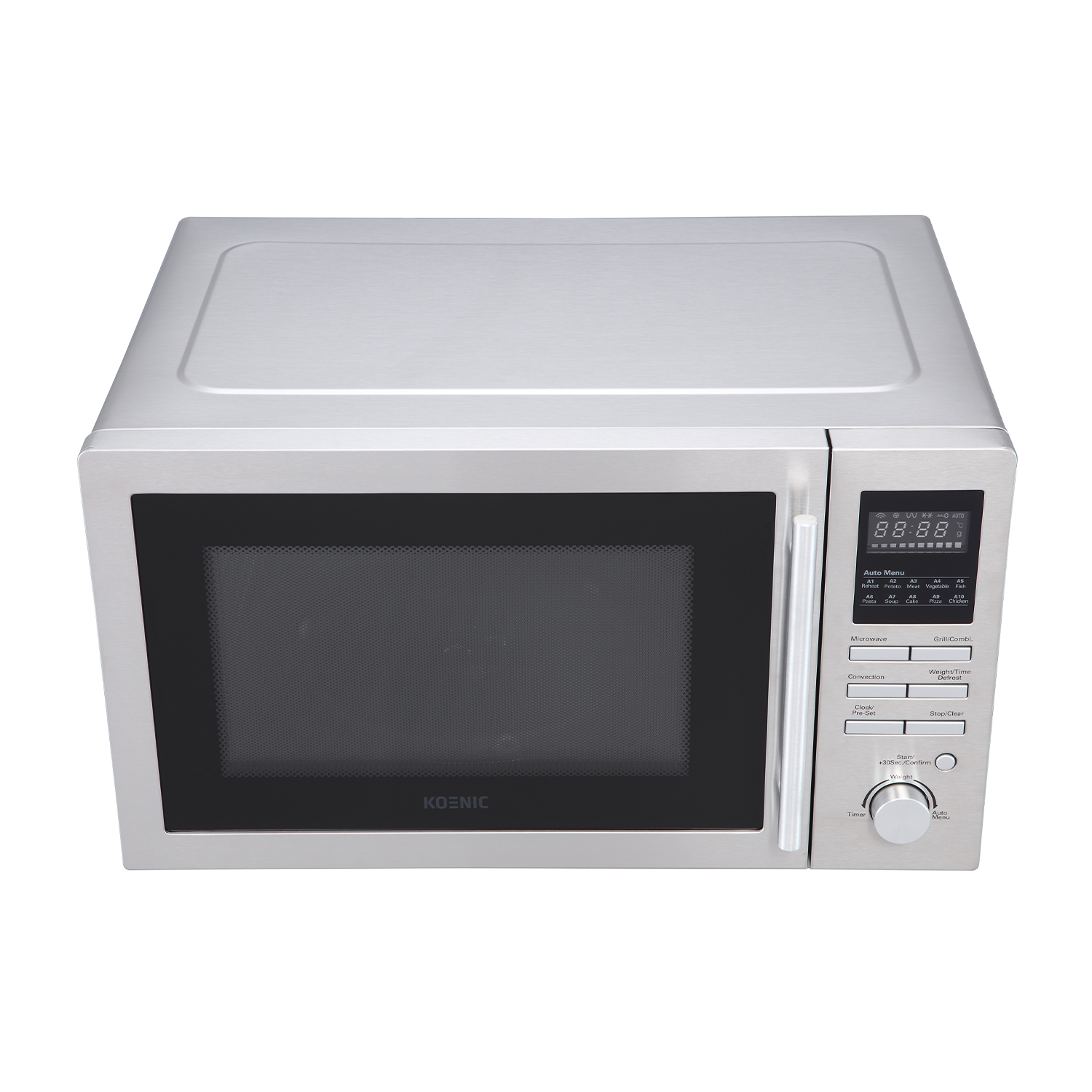 Forno a microonde argentato con display digitale e pannello di controllo, vista angolata.