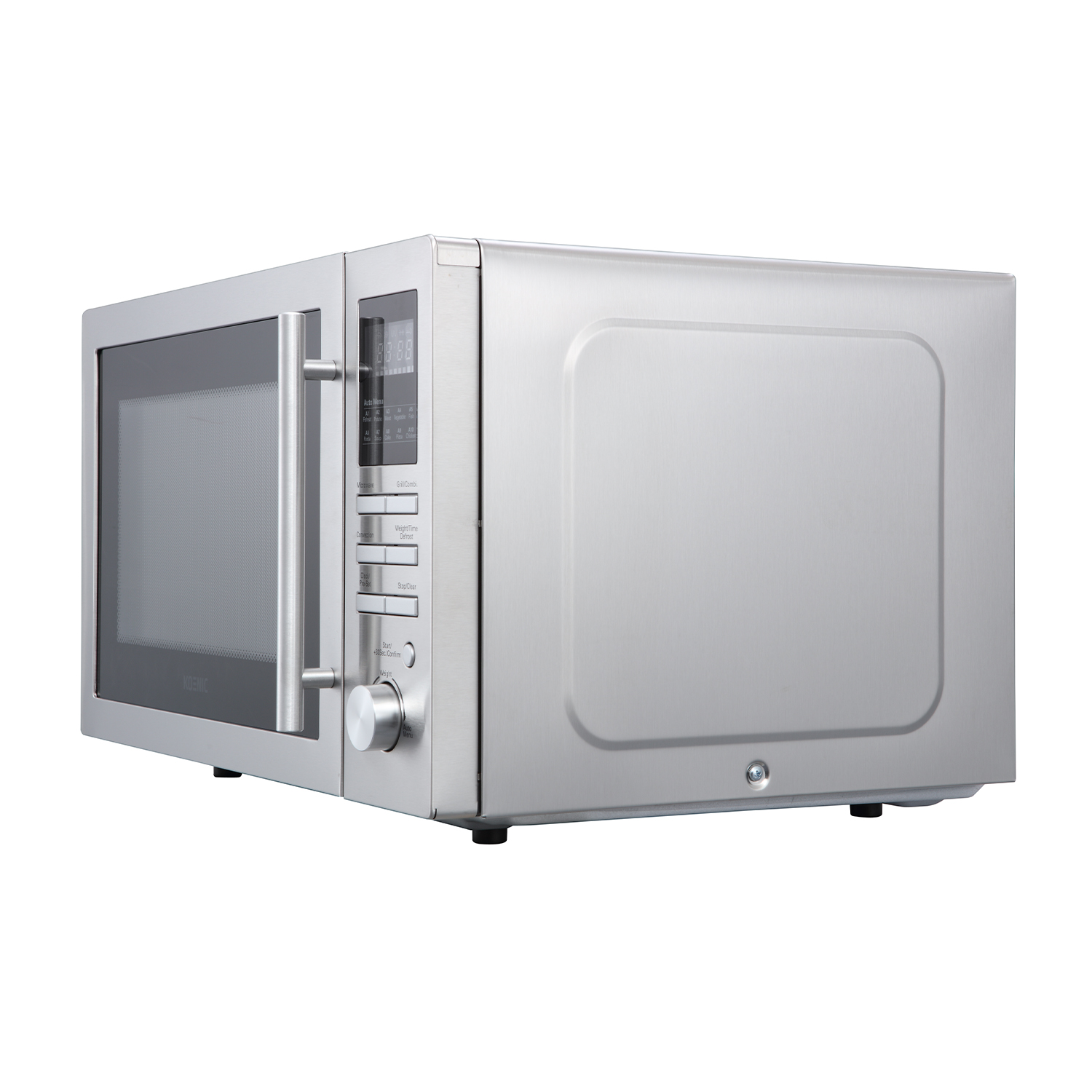 Forno a microonde argentato su sfondo bianco. Maniglia, pulsanti e display digitale visibili.