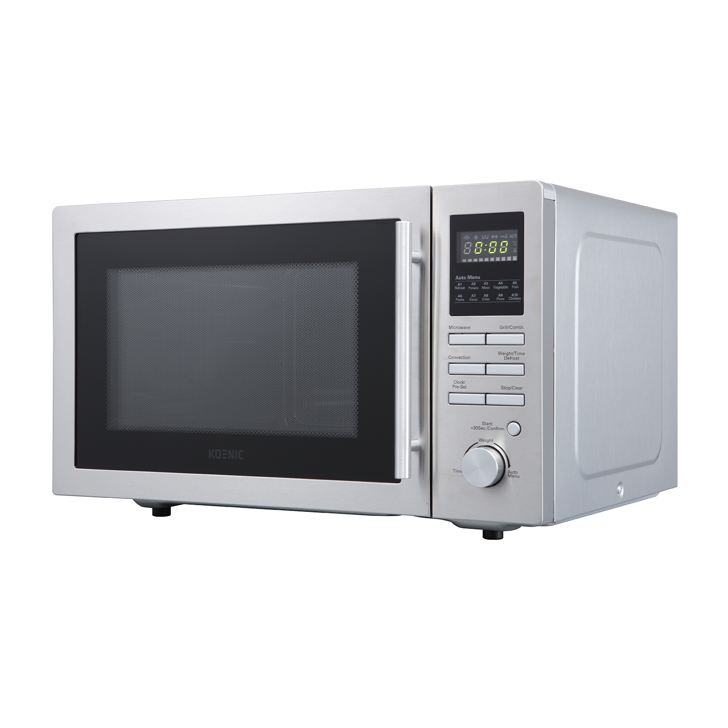 Forno a microonde argentato, con display digitale e pulsanti di controllo. Porta a vetro nera.