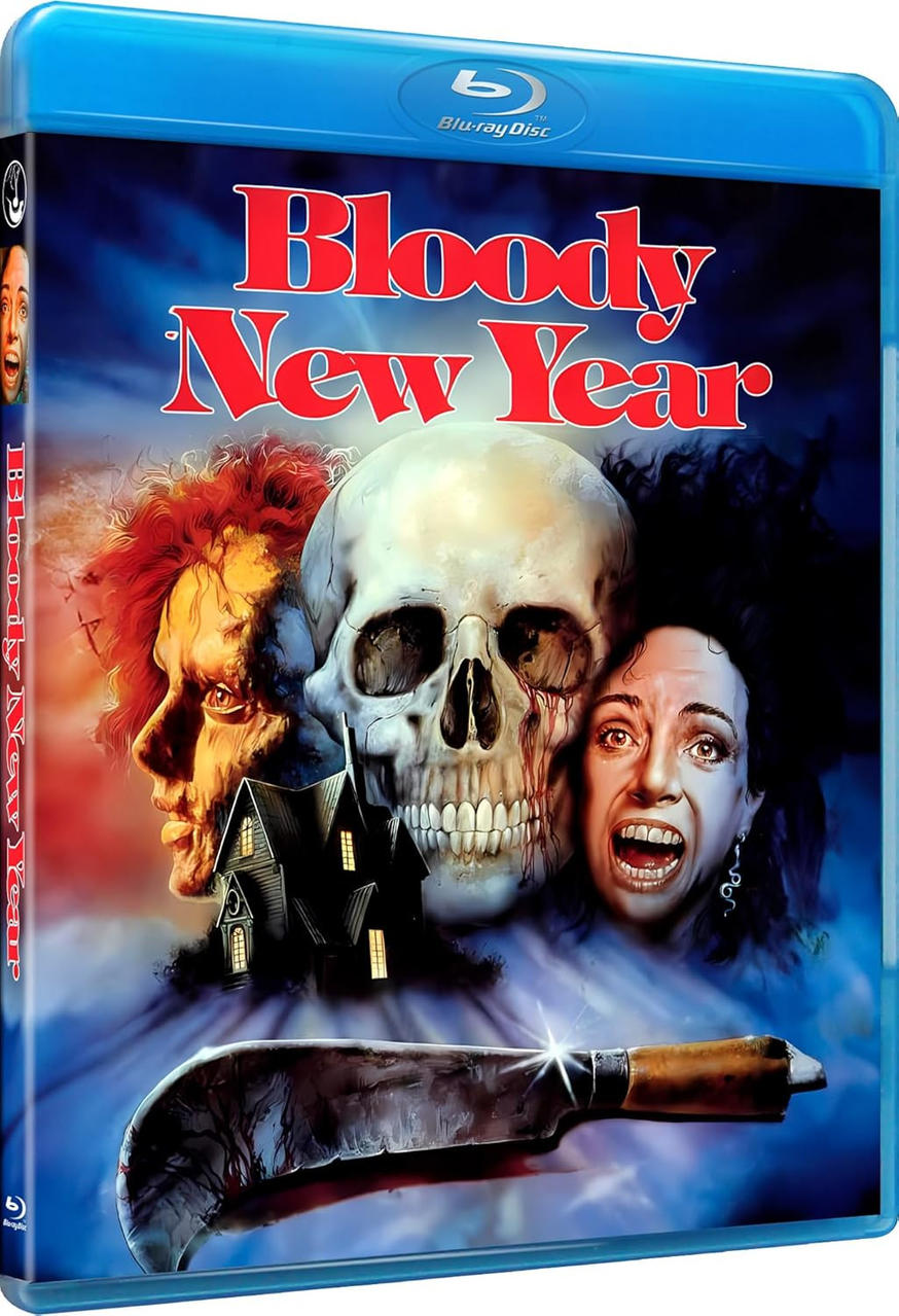 Blu-ray-Cover des Films 'Bloody New Year' mit Totenköpfen und Personen.